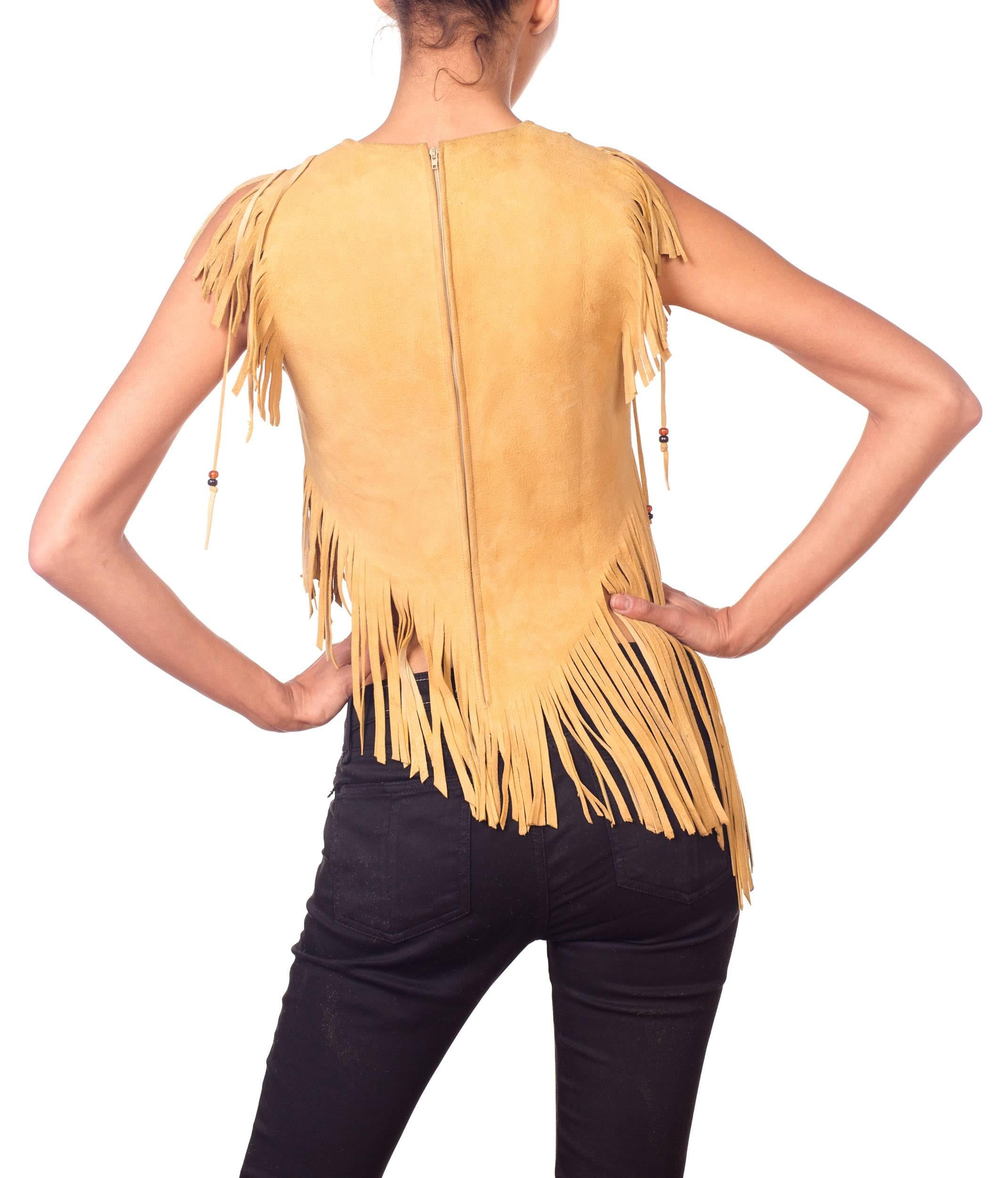 1970S Yellow Tan Suede Leather Beaded Fringe Lace Up Crop Tops Shirt In Excellent Condition In New York, NY