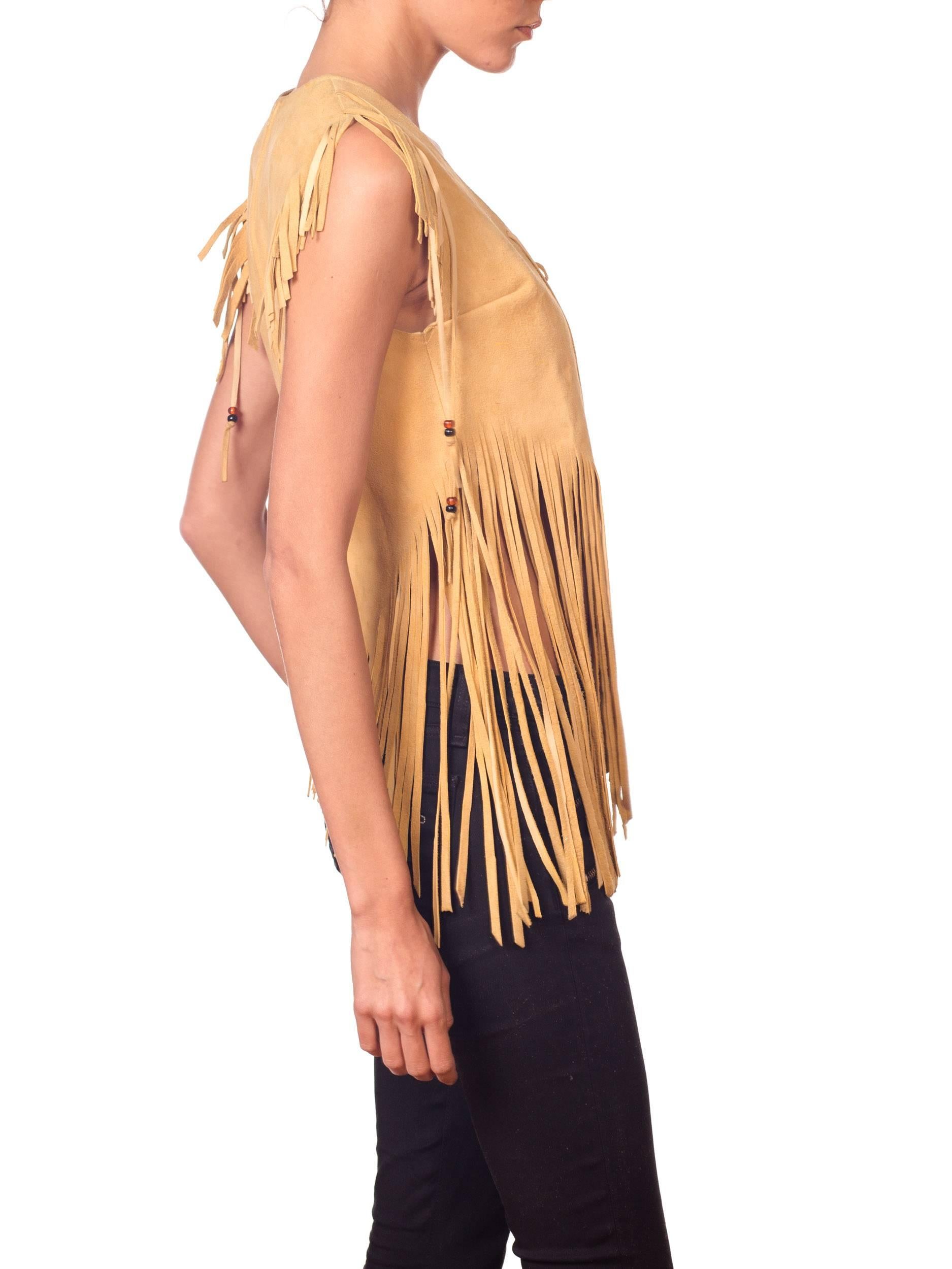 Women's 1970S Yellow Tan Suede Leather Beaded Fringe Lace Up Crop Tops Shirt