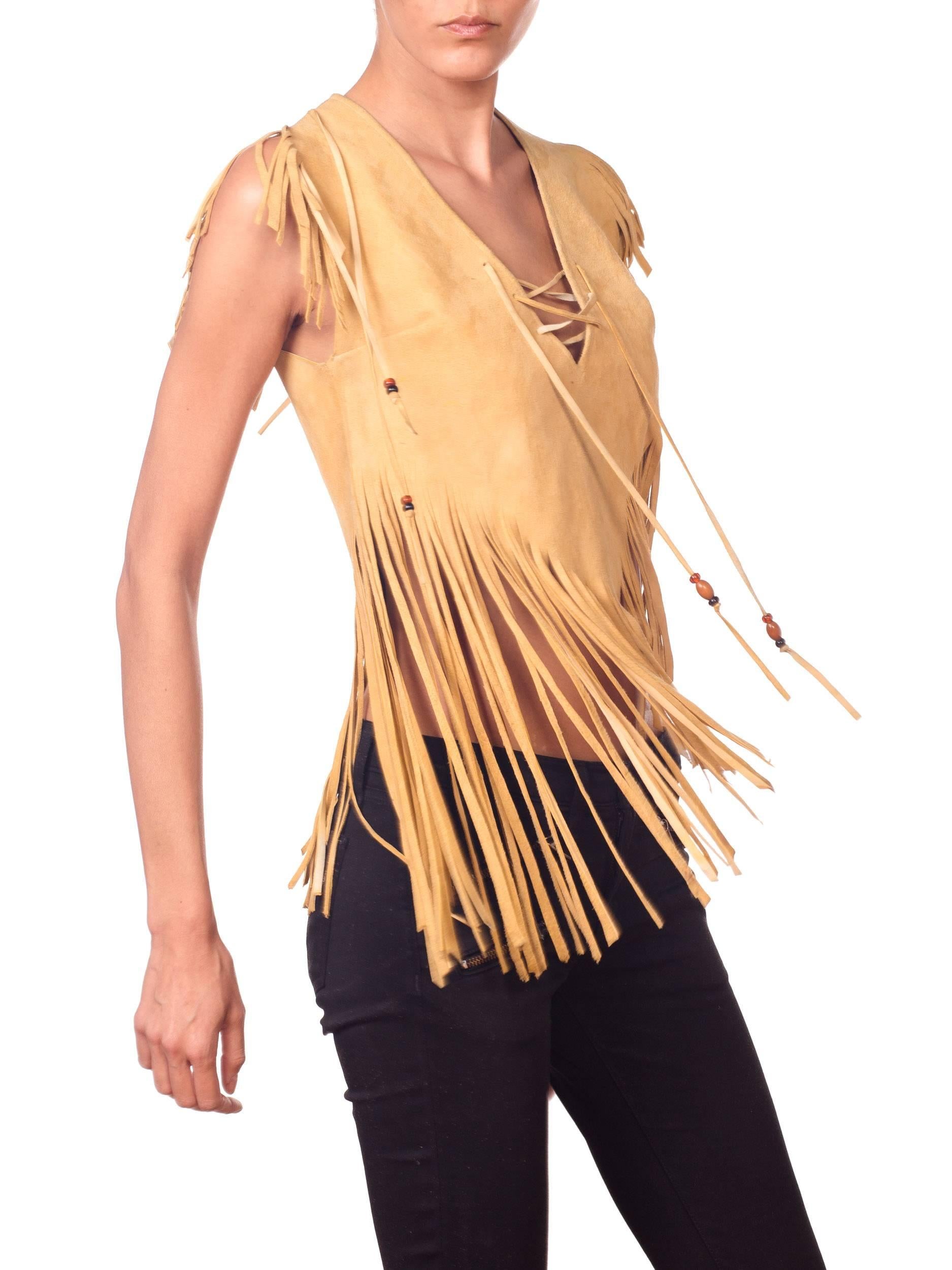 1970S Yellow Tan Suede Leather Beaded Fringe Lace Up Crop Tops Shirt 1