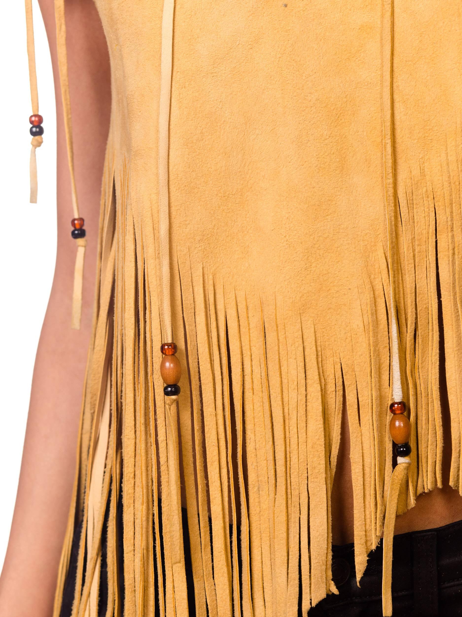 1970S Yellow Tan Suede Leather Beaded Fringe Lace Up Crop Tops Shirt 2