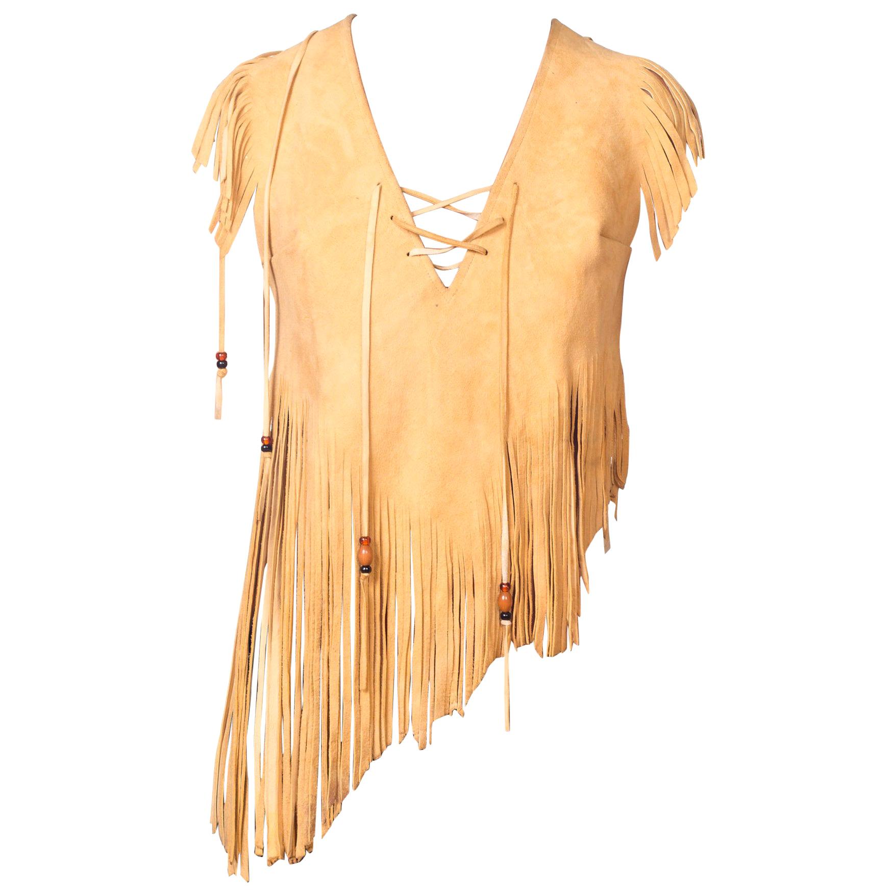 1970S Yellow Tan Suede Leather Beaded Fringe Lace Up Crop Tops Shirt
