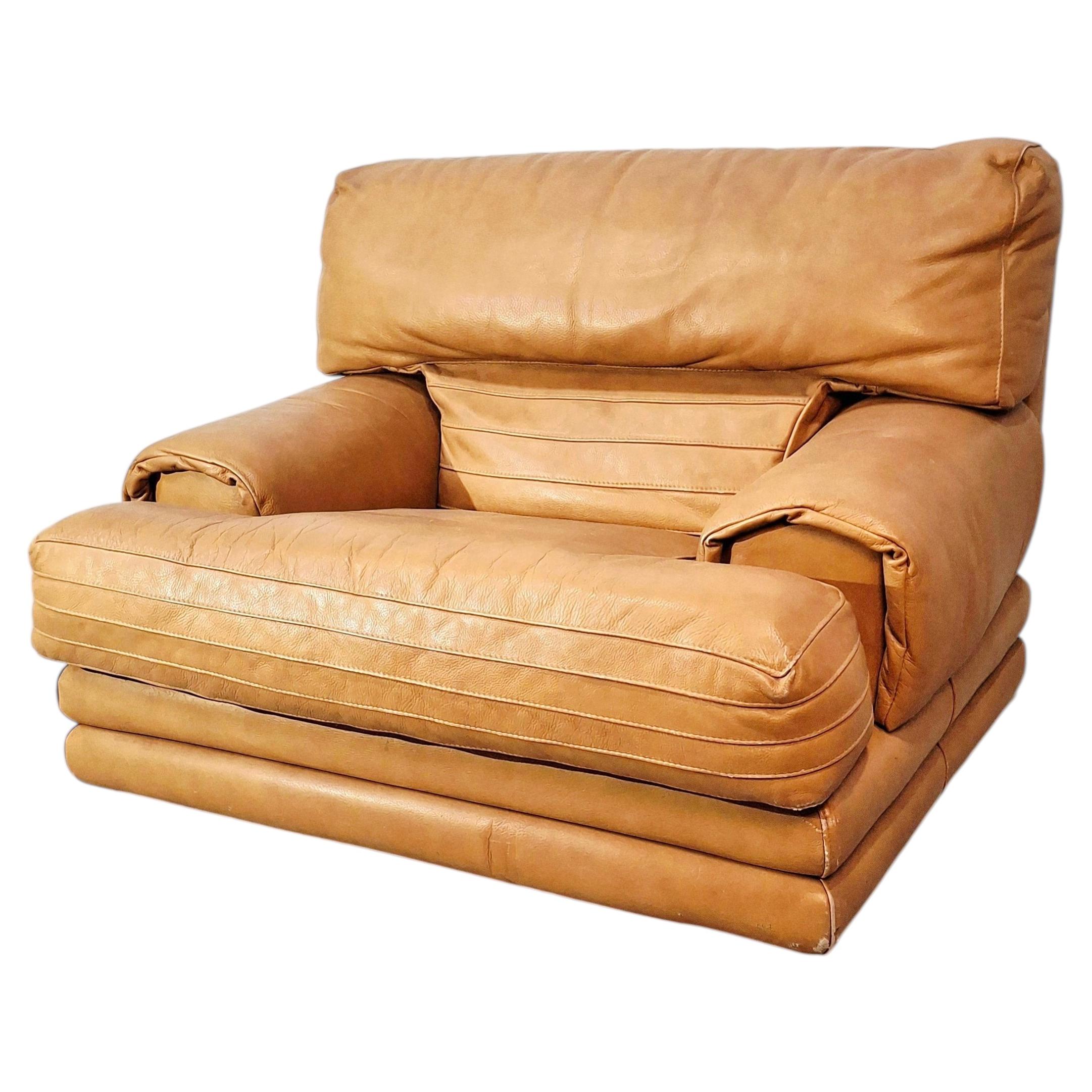 Vintage Italian Leather Lounge Chair, Mid-Century Modern, 1970s Design