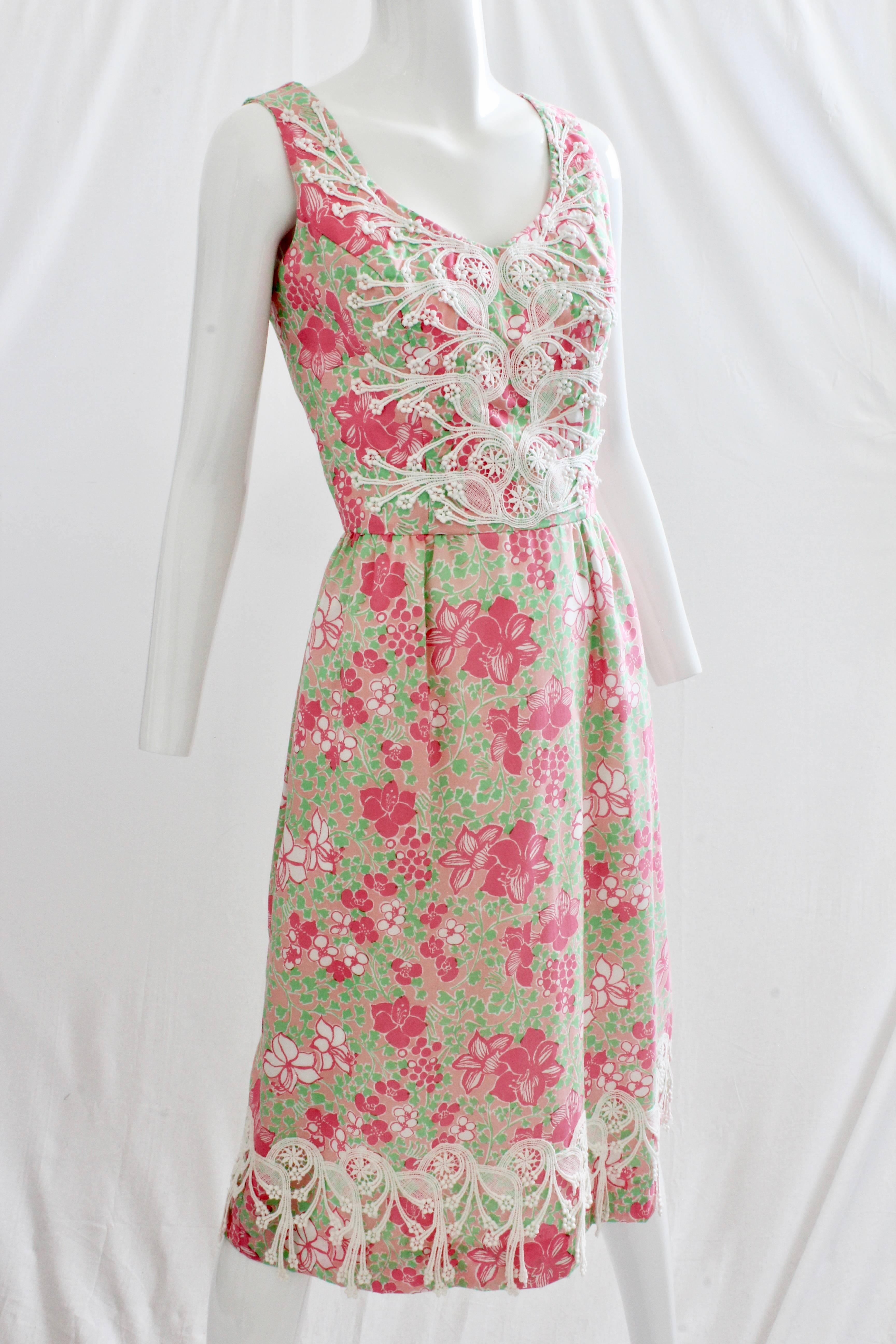 70er Jahre Lilly Pulitzer Kleid The Lilly Floral Scallop Print Spitzenbesatz Seltenes Vintage im Angebot 1