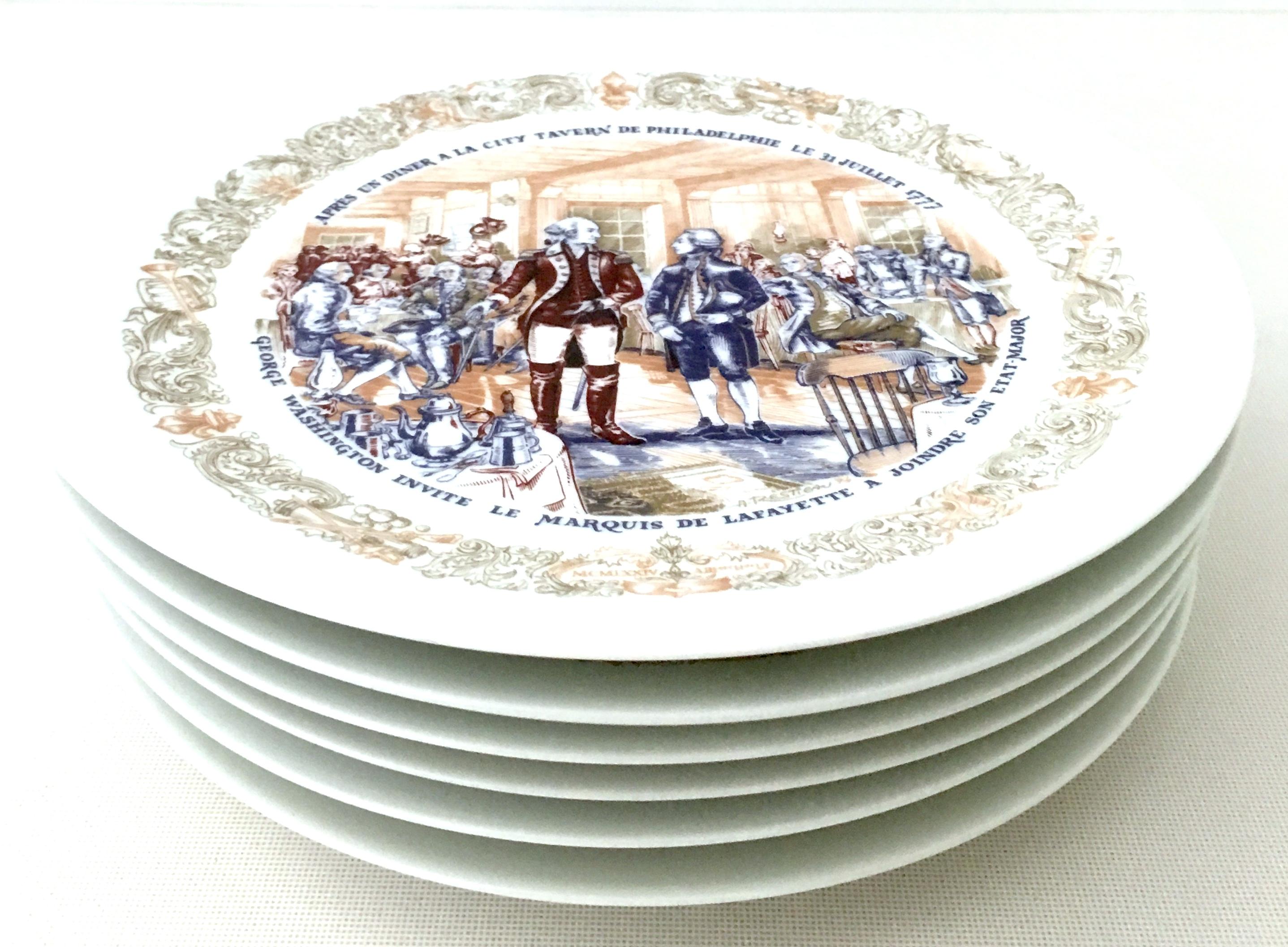 1970s Limoges France set of 6 Bicentennial Limited Edition salad/dessert plates by, D'Arceau. Limoges. These six plates are all of a different motif, commemorating revolutionary war scenes of the United States Bicentennial. Each collector plate is
