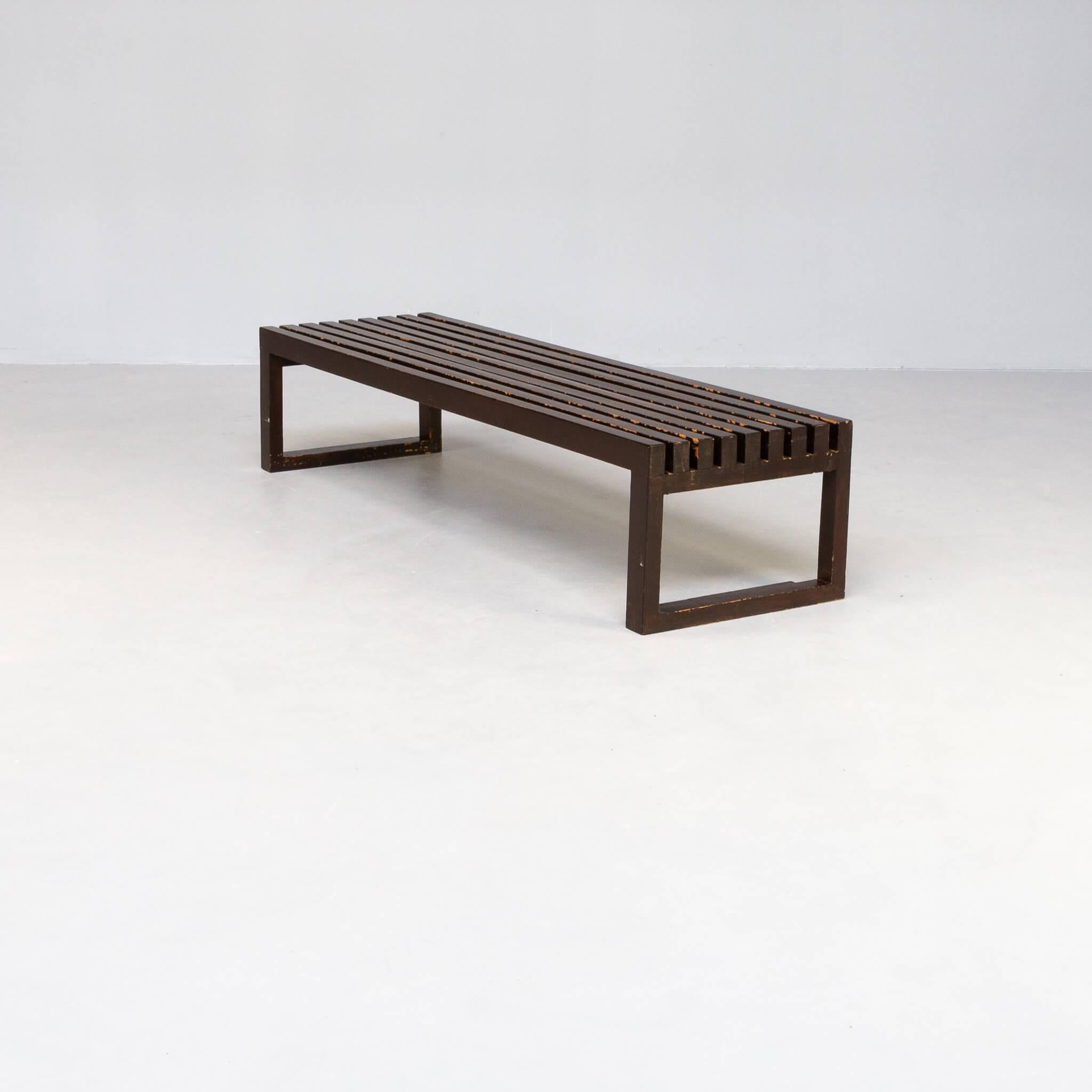 Mid-Century Modern 70s Long Wooden Slatted Bench For Sale