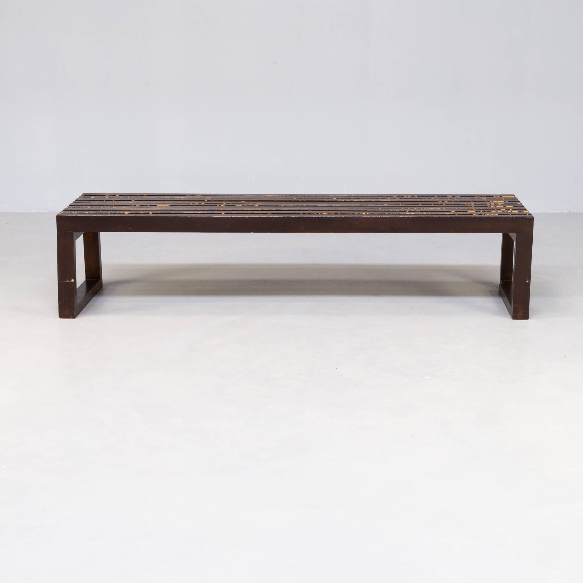French 70s Long Wooden Slatted Bench For Sale