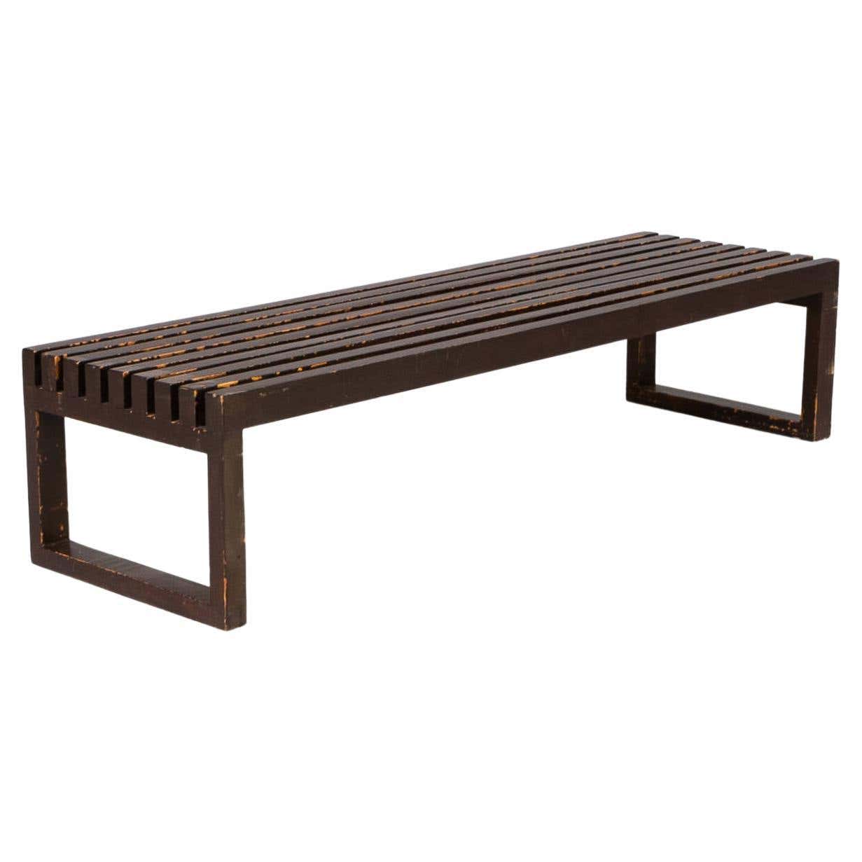 70s Long Wooden Slatted Bench For Sale at 1stDibs