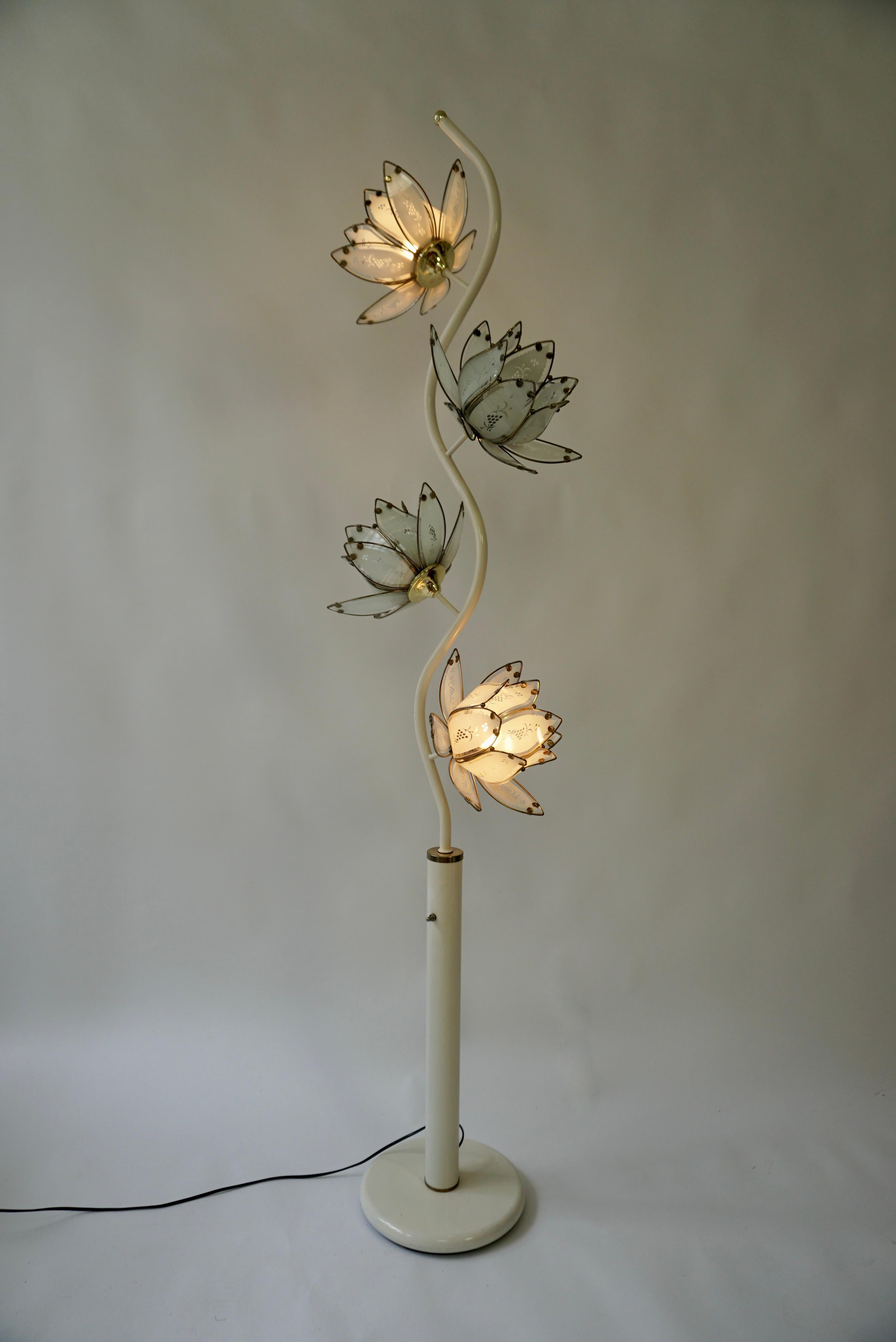 20th Century Mid Century Modern Vintage Hollywood Regency White Glass Lotus Flower Floor Lamp For Sale