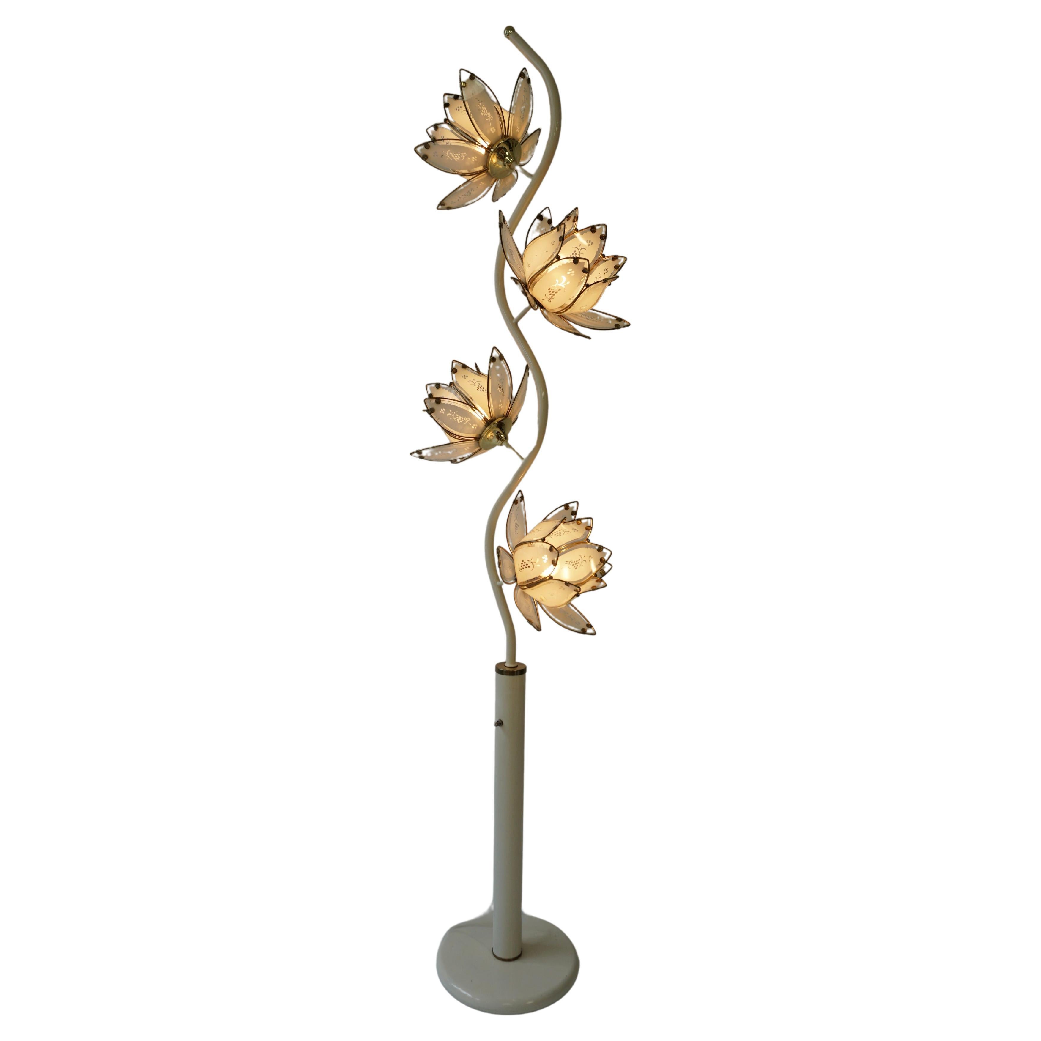 Mid Century Modern Vintage Hollywood Regency White Glass Lotus Flower Floor Lamp For Sale
