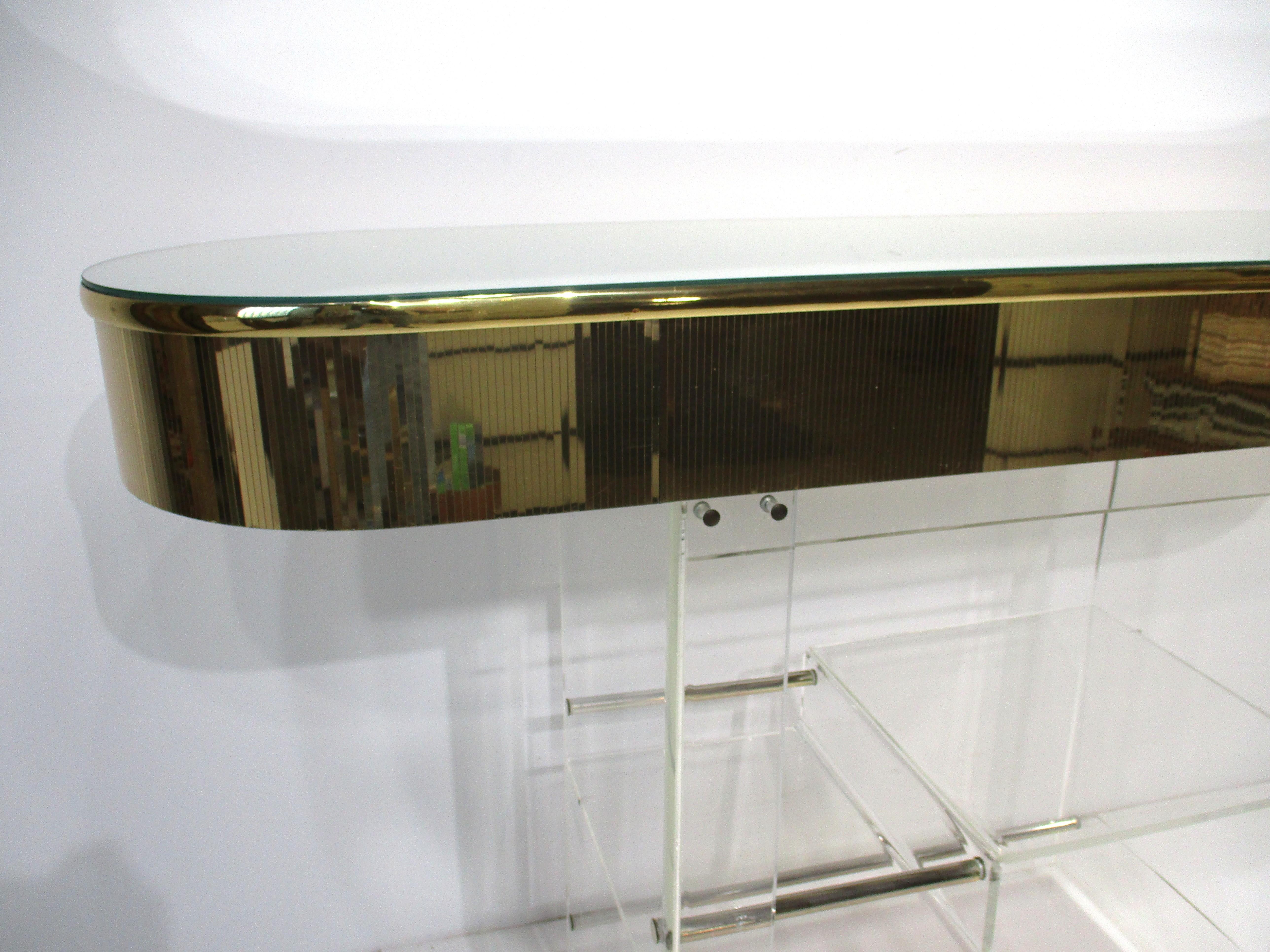 Metal 70's Charles Hollis Jones Styled Lucite Bar and Stools by Hill Mfg. For Sale