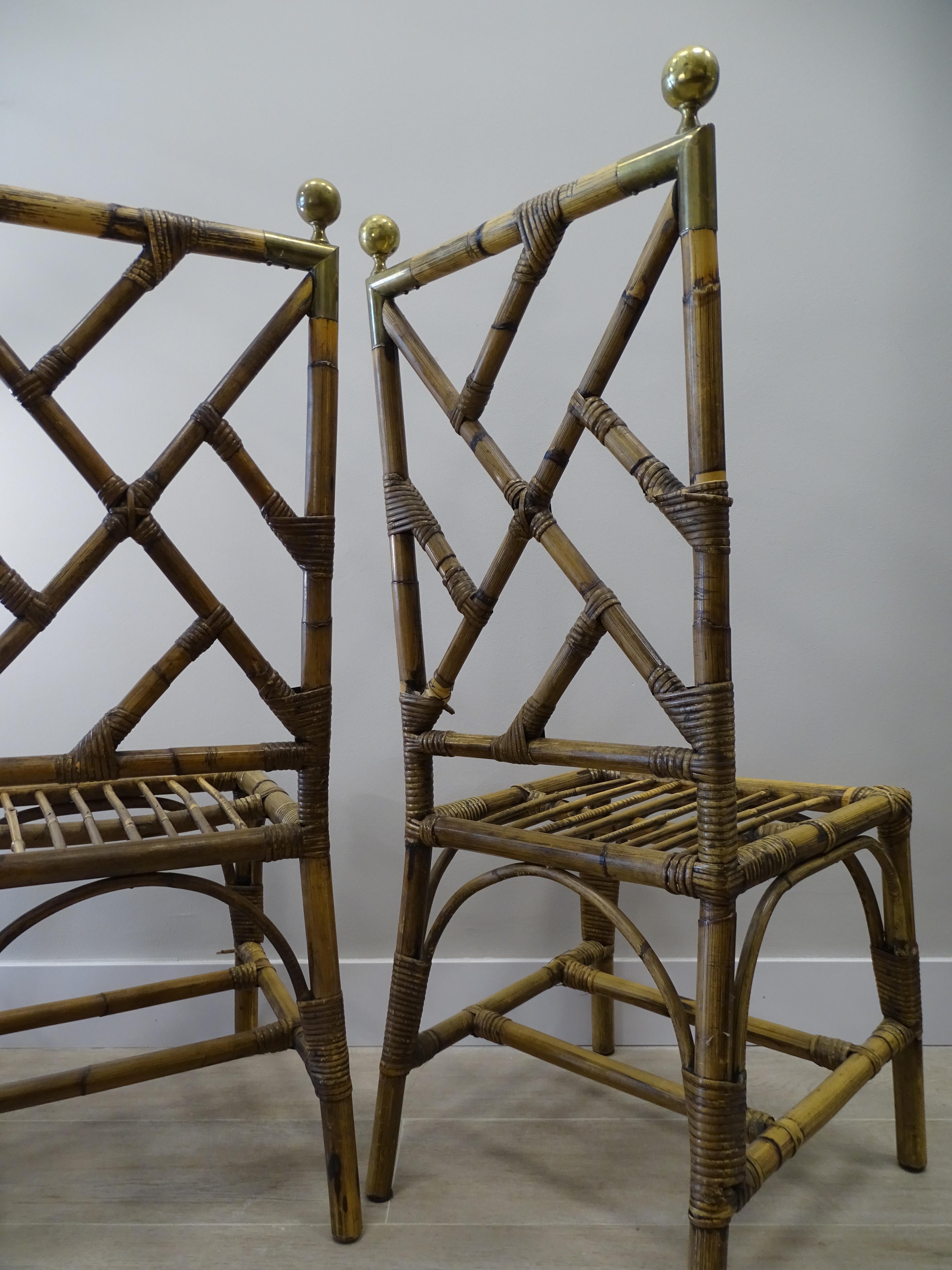 70s Maison Jansen Bamboo 2 Chairs Dining Room Chairs, Brass and Fabric 6