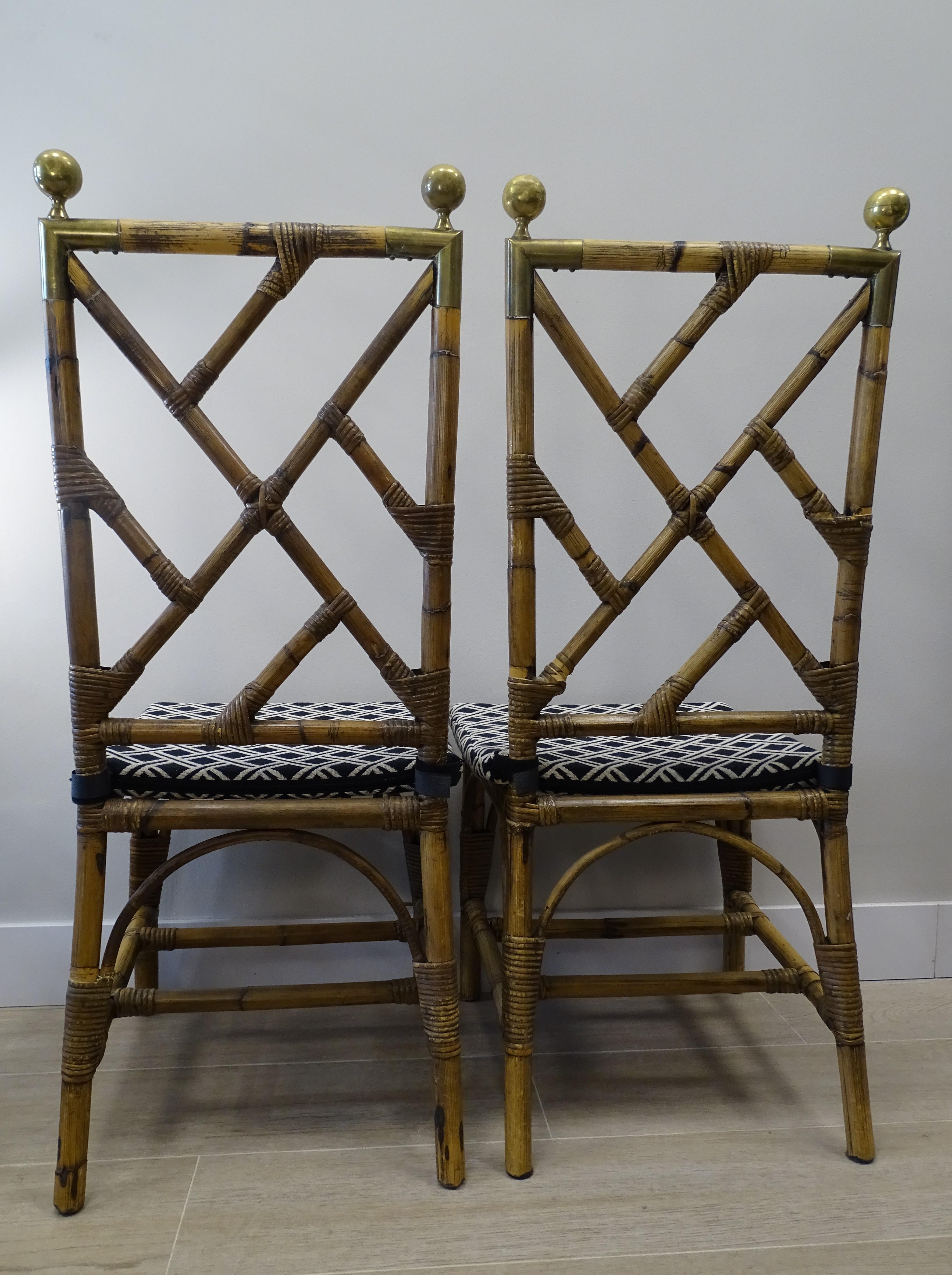 70s Maison Jansen Bamboo 2 Chairs Dining Room Chairs, Brass and Fabric 8