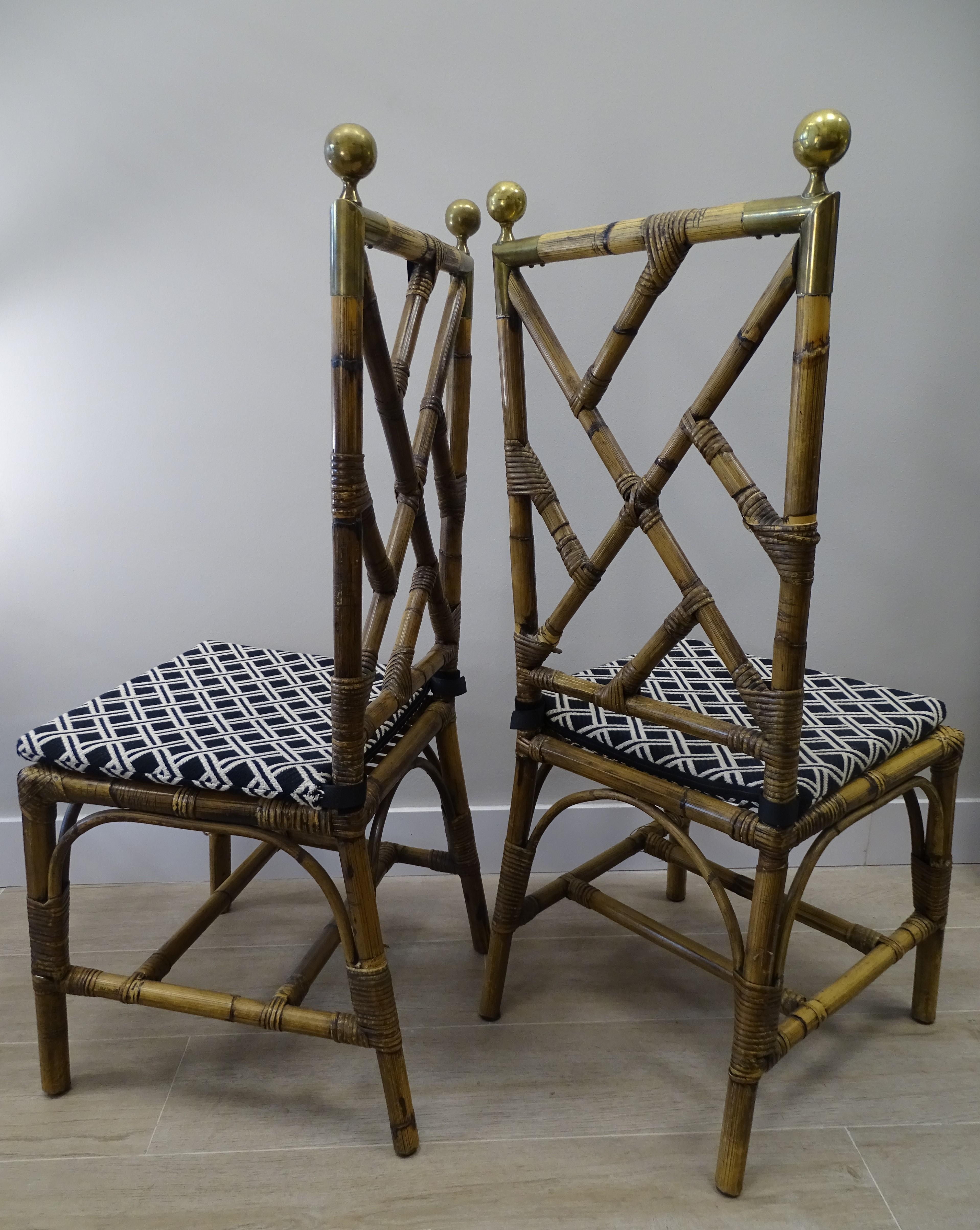 70s Maison Jansen Bamboo 2 Chairs Dining Room Chairs, Brass and Fabric 9
