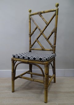 70s Maison Jansen Bamboo 2 Chairs Dining Room Chairs, Brass and Fabric