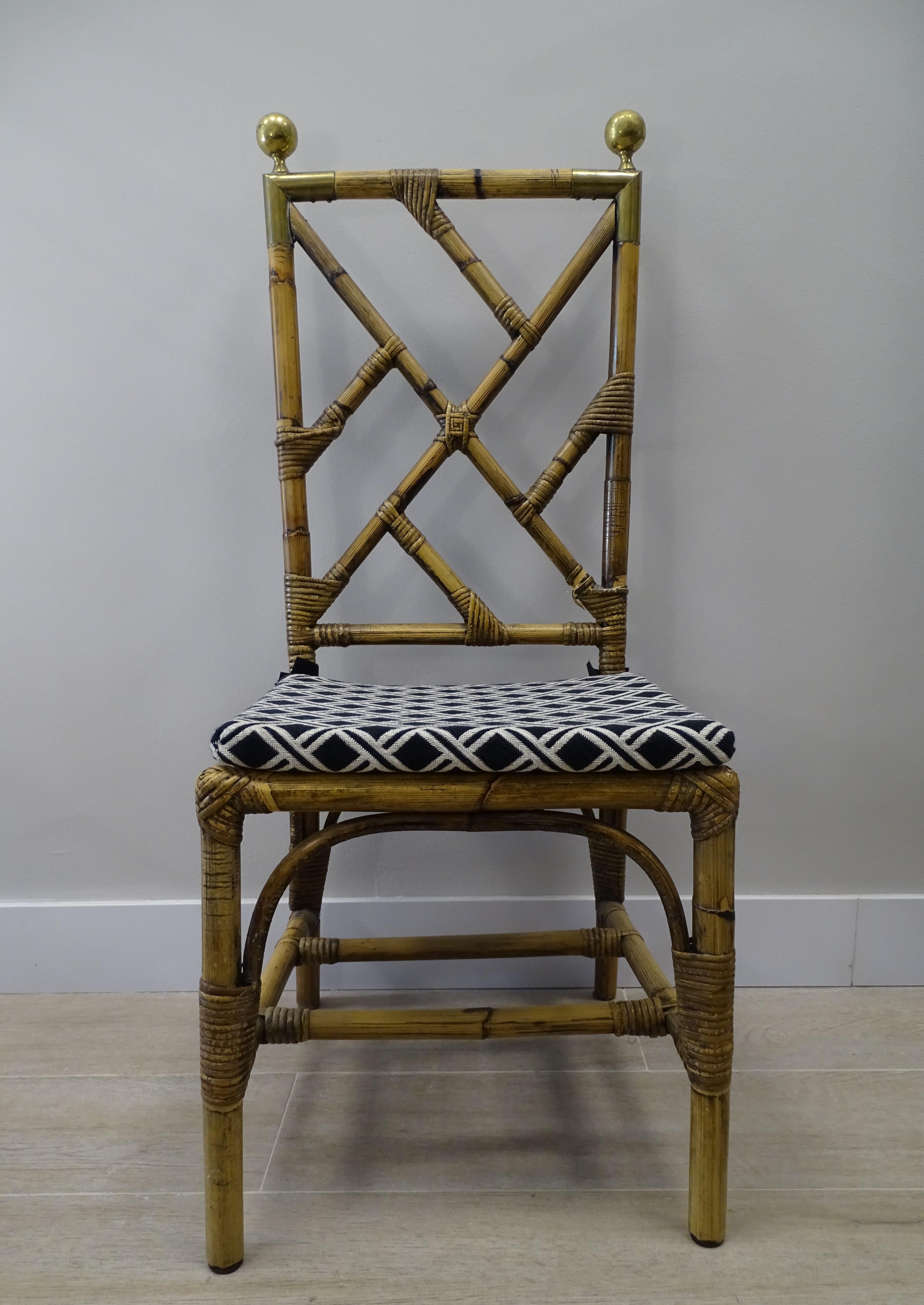 Mid-Century Modern 70s Maison Jansen Bamboo 2 Chairs Dining Room Chairs, Brass and Fabric