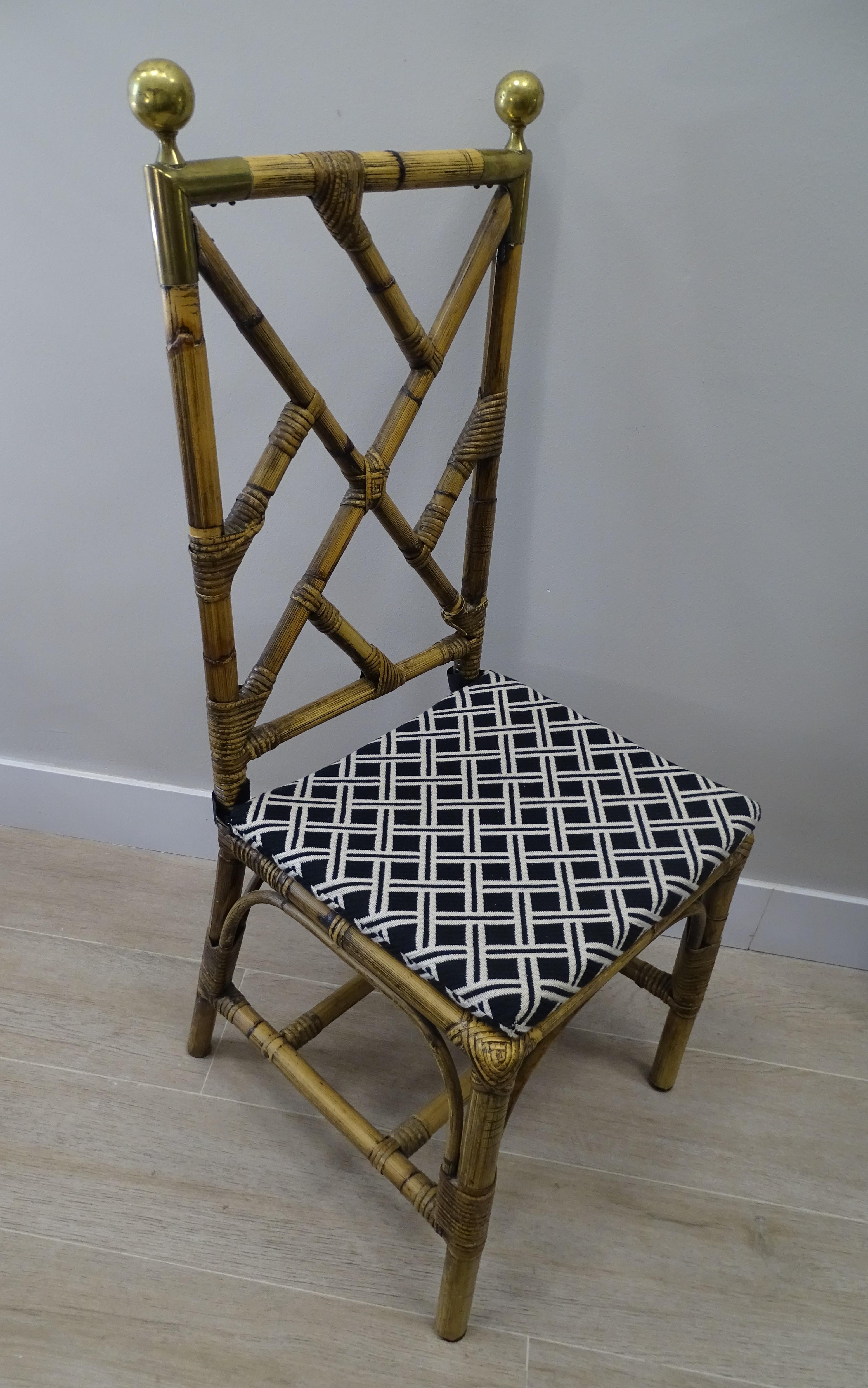 French 70s Maison Jansen Bamboo 2 Chairs Dining Room Chairs, Brass and Fabric