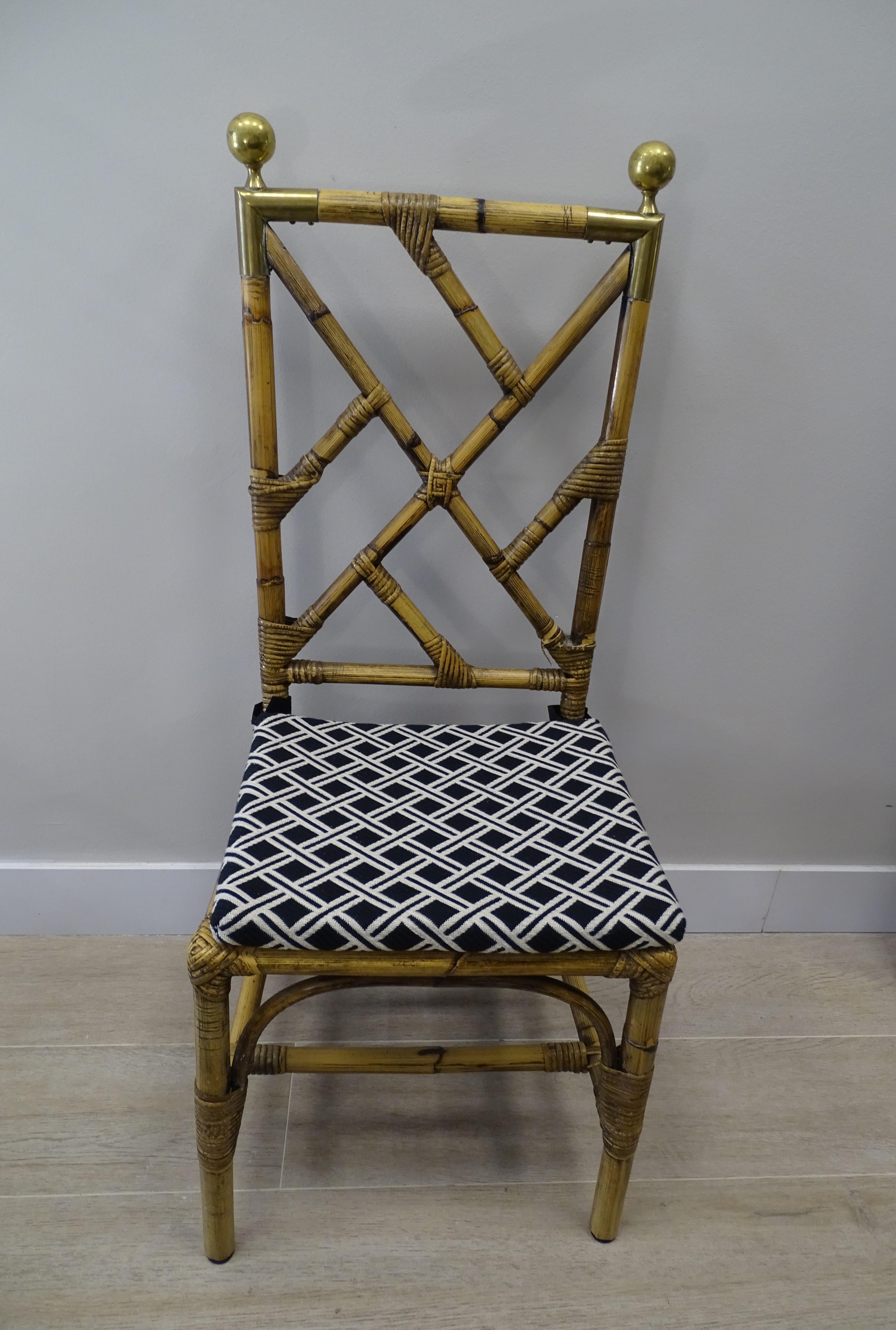 Hand-Crafted 70s Maison Jansen Bamboo 2 Chairs Dining Room Chairs, Brass and Fabric