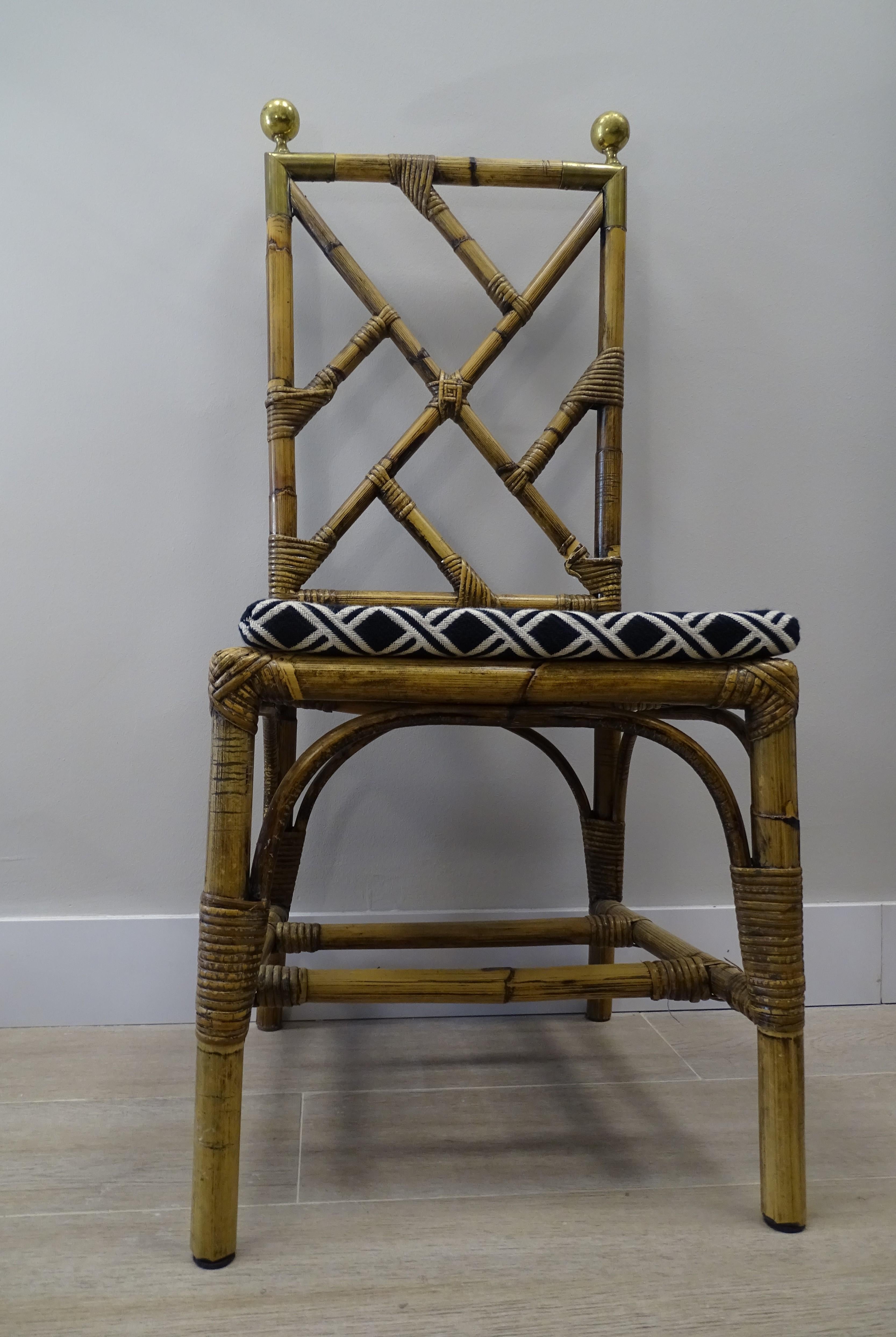 70s Maison Jansen Bamboo 2 Chairs Dining Room Chairs, Brass and Fabric In Good Condition In Valladolid, ES