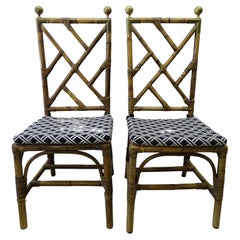 70s Maison Jansen Bamboo 2 Chairs Dining Room Chairs, Brass and Fabric