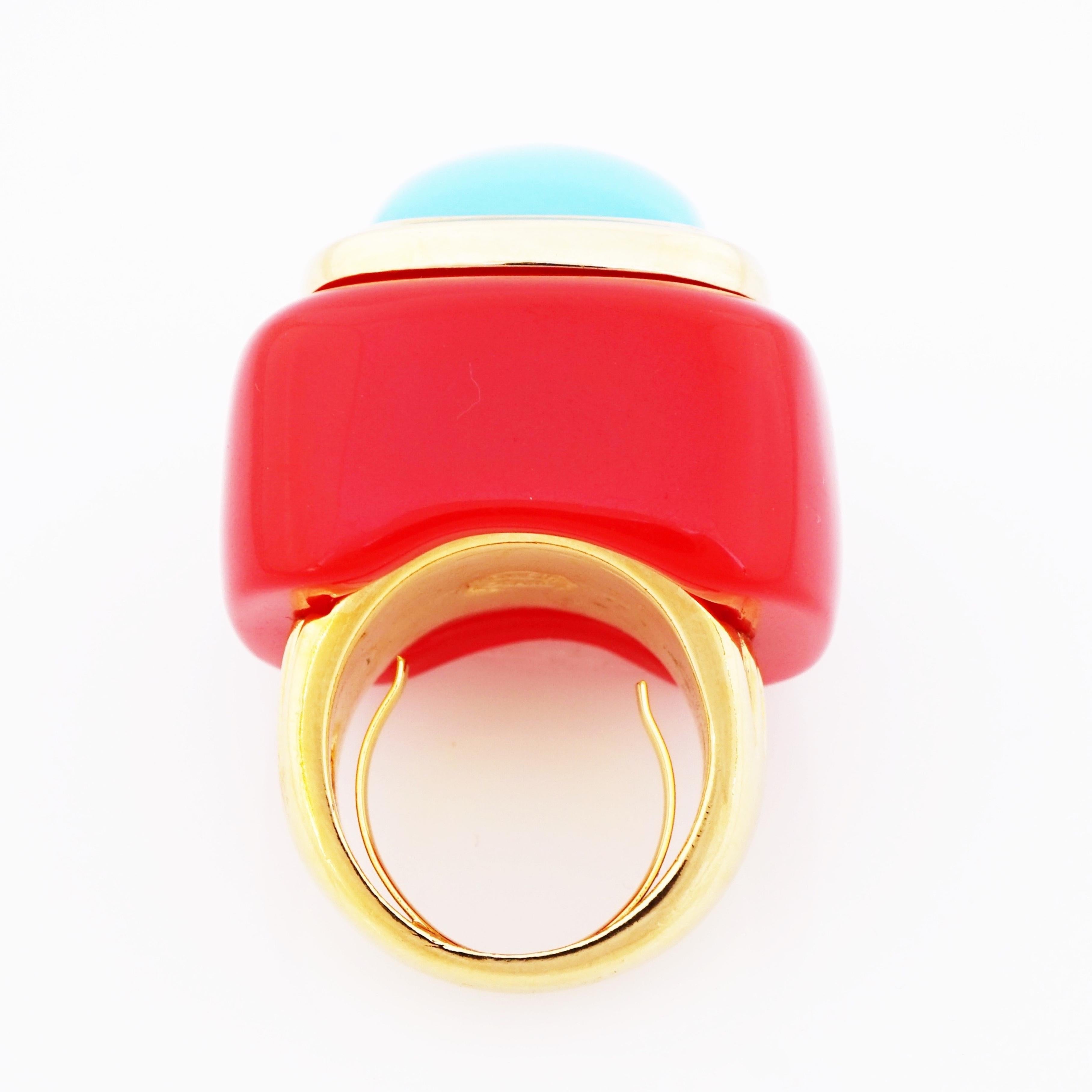 Modern 70s Massive Red & Turquoise Resin Statement Ring (Size 6.5) By Kenneth Jay Lane