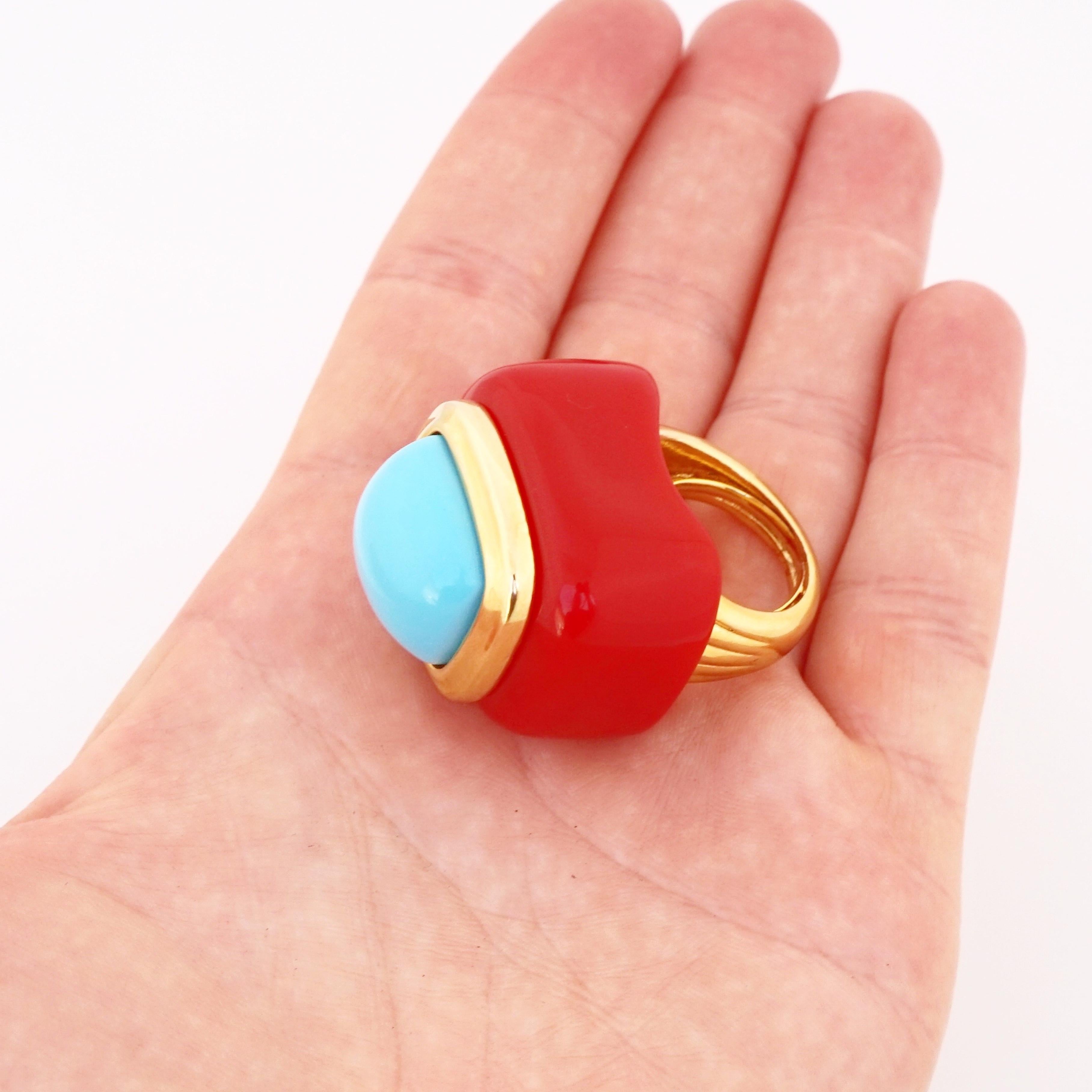 Women's 70s Massive Red & Turquoise Resin Statement Ring (Size 6.5) By Kenneth Jay Lane