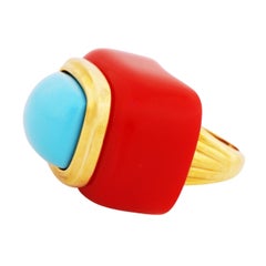 70er Jahre Massivroter & türkisfarbener Statement-Ring aus Harz (Größe 6,5) von Kenneth Jay Lane