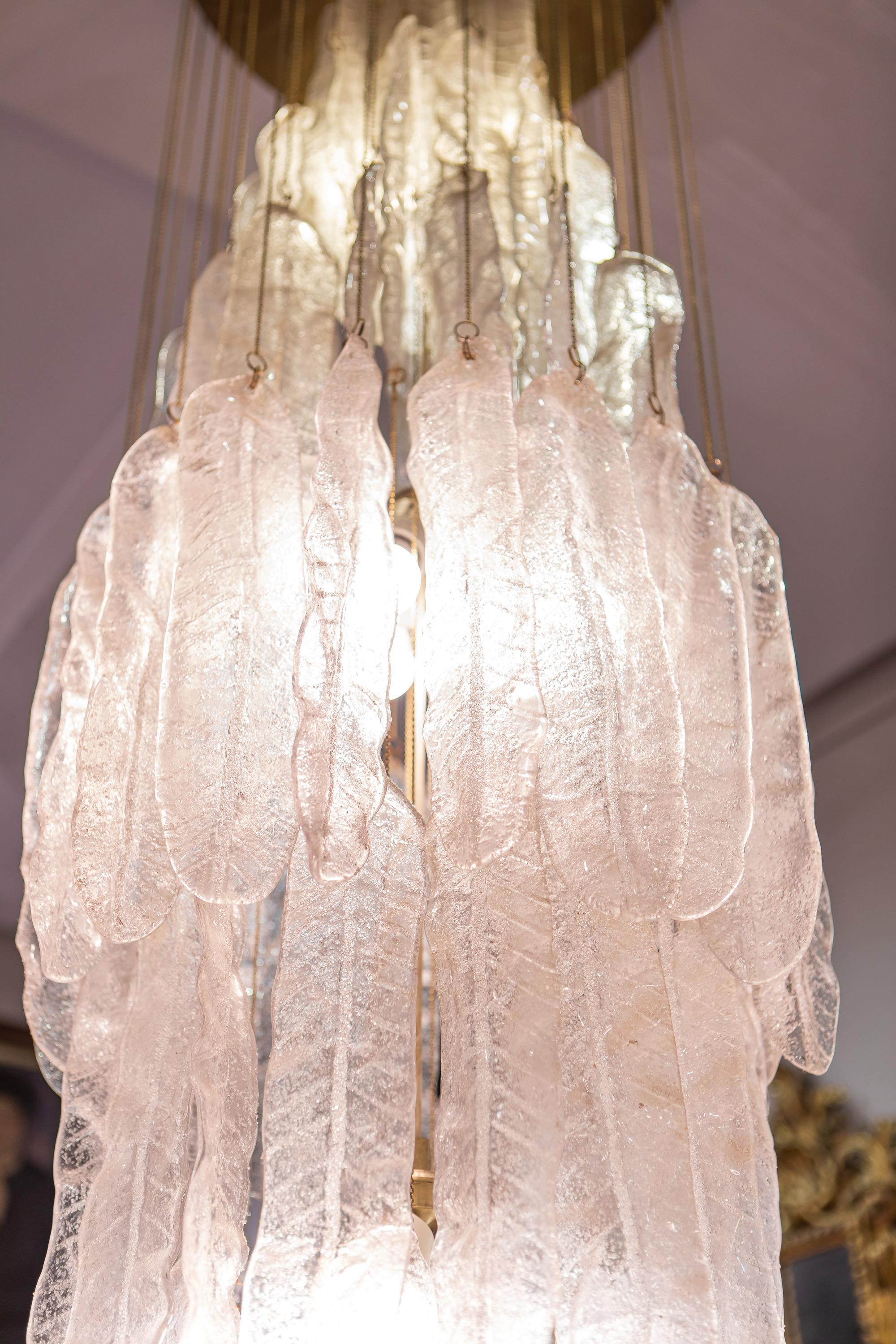 1970s Mazzega Italy White Blown Chandelier Glass Frozen Textured Leaves, Murano 11