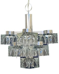 70s MCM Gaetano Sciolari 9 Light Chrome Ice Cube Chandelier Lightolier Italy