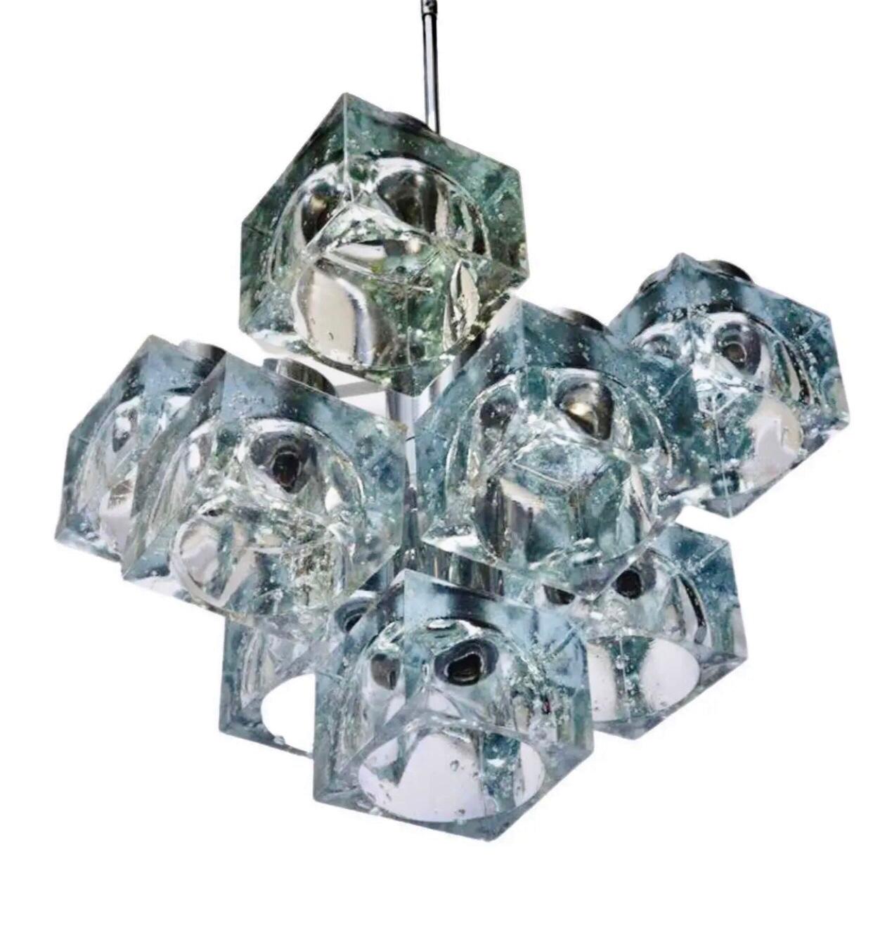 Mid-Century Modern 70s MCM Gaetano Sciolari 9 Light Chrome Ice Cube Chandelier Lightolier Italy For Sale