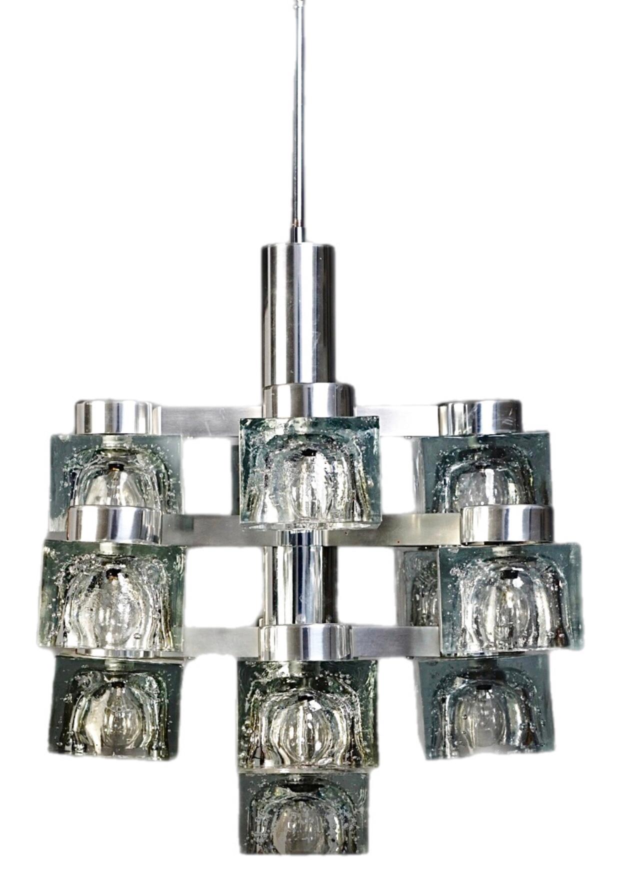 70s MCM Gaetano Sciolari 9 Light Chrome Ice Cube Chandelier Lightolier Italy For Sale 2