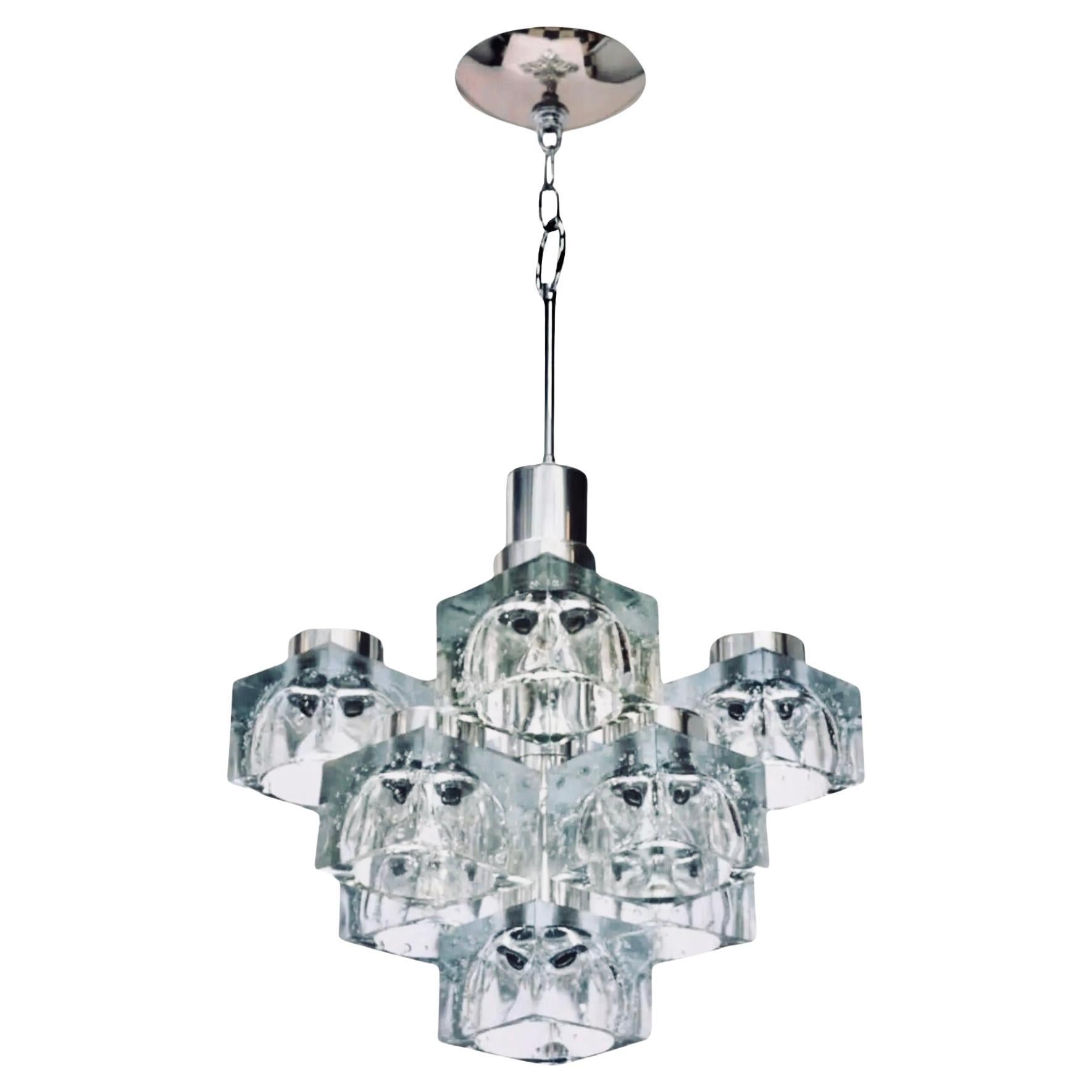 70s MCM Gaetano Sciolari 9 Light Chrome Ice Cube Chandelier Lightolier Italy
