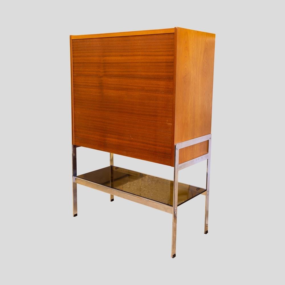 Late 20th Century 70s Merrow Associates Cocktail Cabinet English by Richard Young Teak Wood Chrome