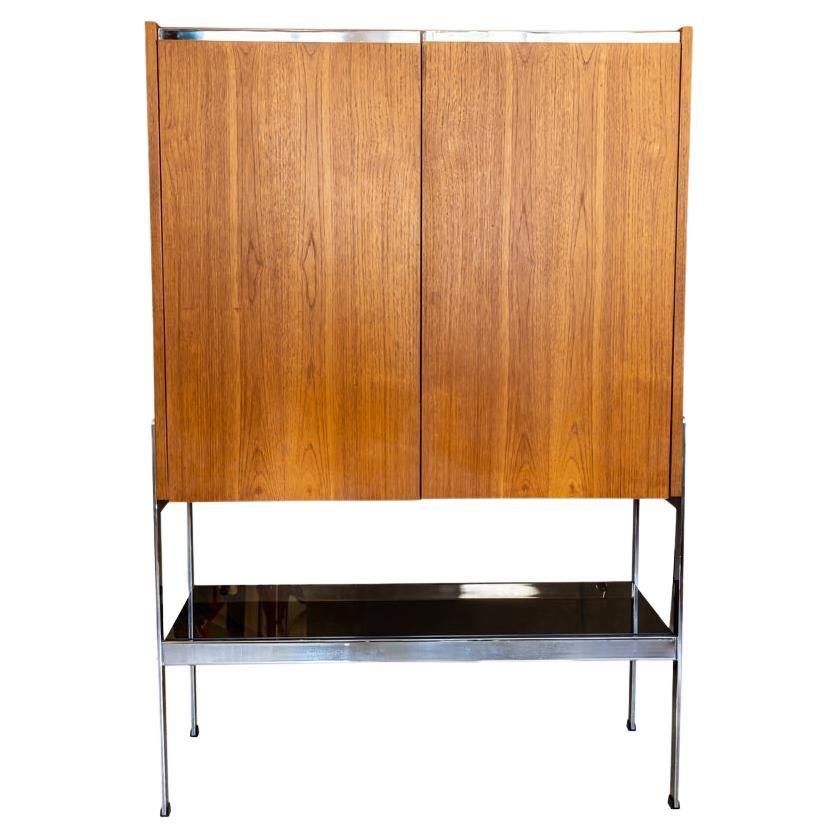 70s Merrow Associates Cocktail Cabinet English by Richard Young Teak Wood Chrome