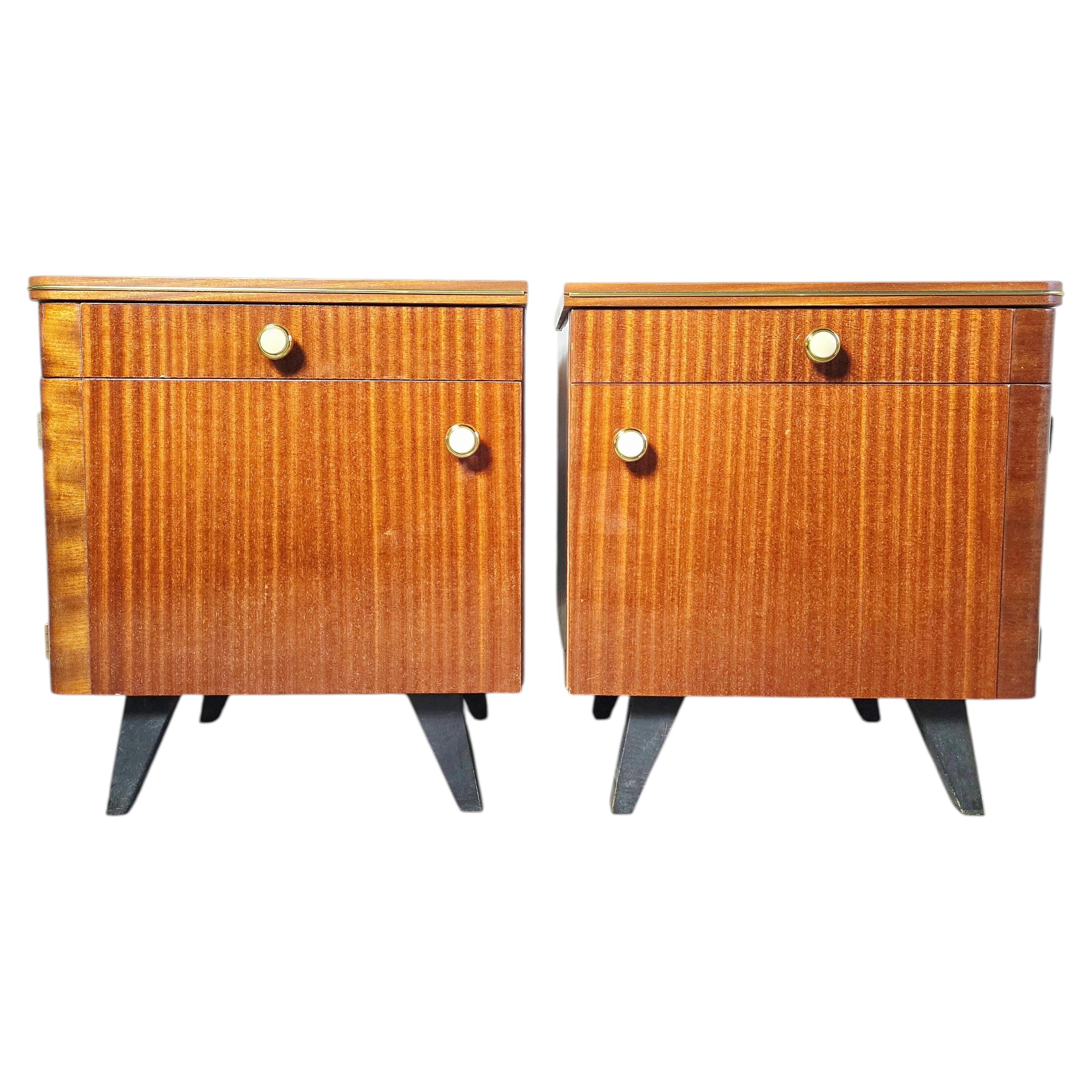 Comodino moderno di metà secolo, legno duro e ottone, Italia, design anni '70