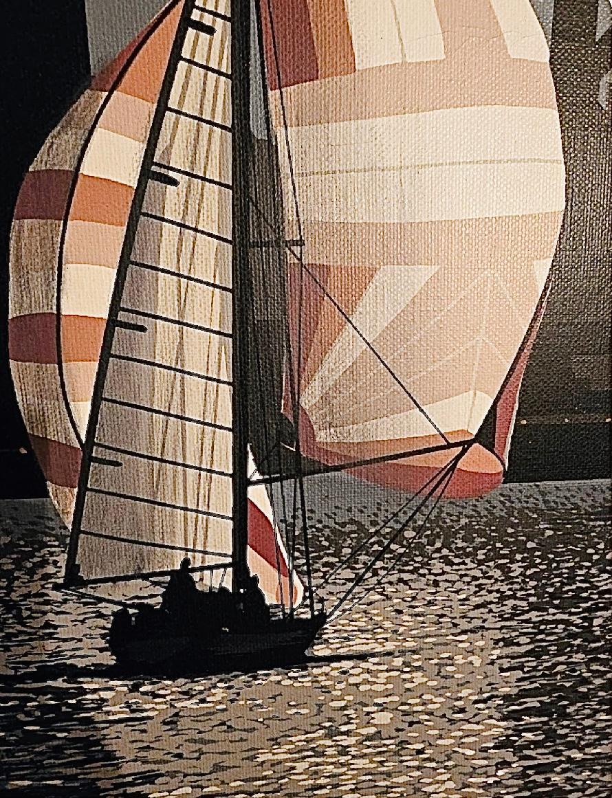 70er Jahre Monumental Seltene Letterman Segelboot Dämmerung SFO Gerahmte Realismus Nautische Malerei im Angebot 4