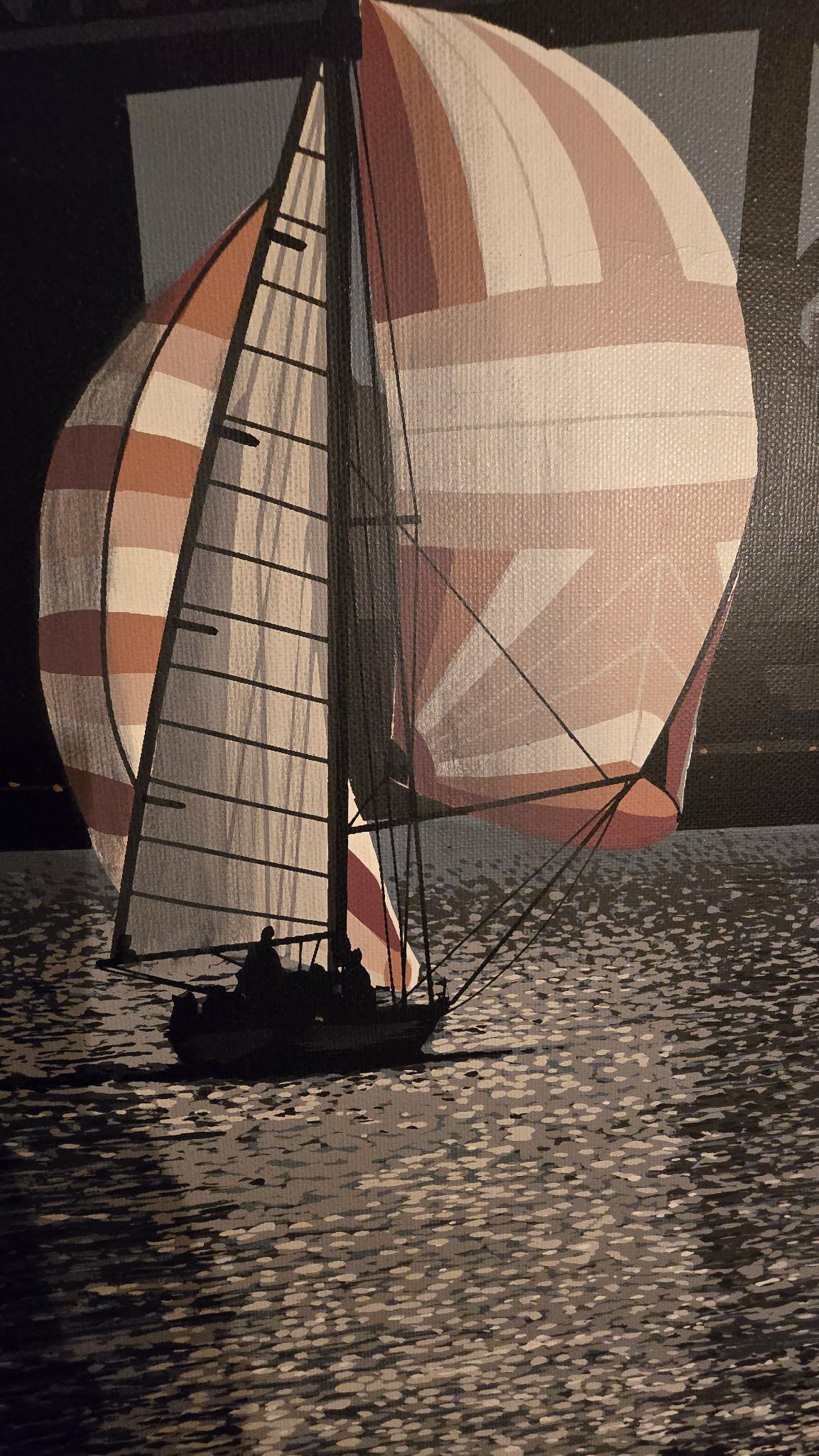 70er Jahre Monumental Seltene Letterman Segelboot Dämmerung SFO Gerahmte Realismus Nautische Malerei im Angebot 5