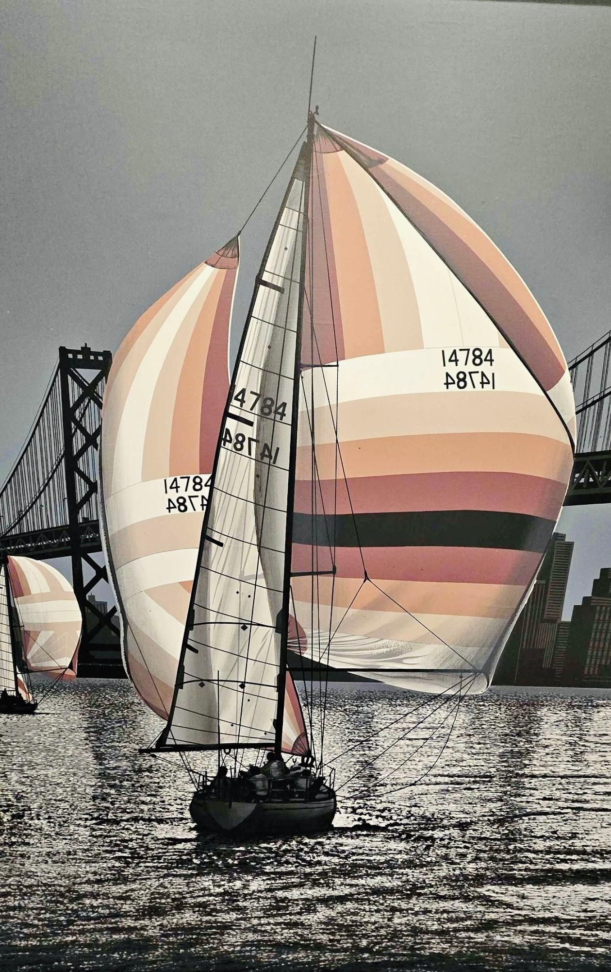 70er Jahre Monumental Seltene Letterman Segelboot Dämmerung SFO Gerahmte Realismus Nautische Malerei im Angebot 6