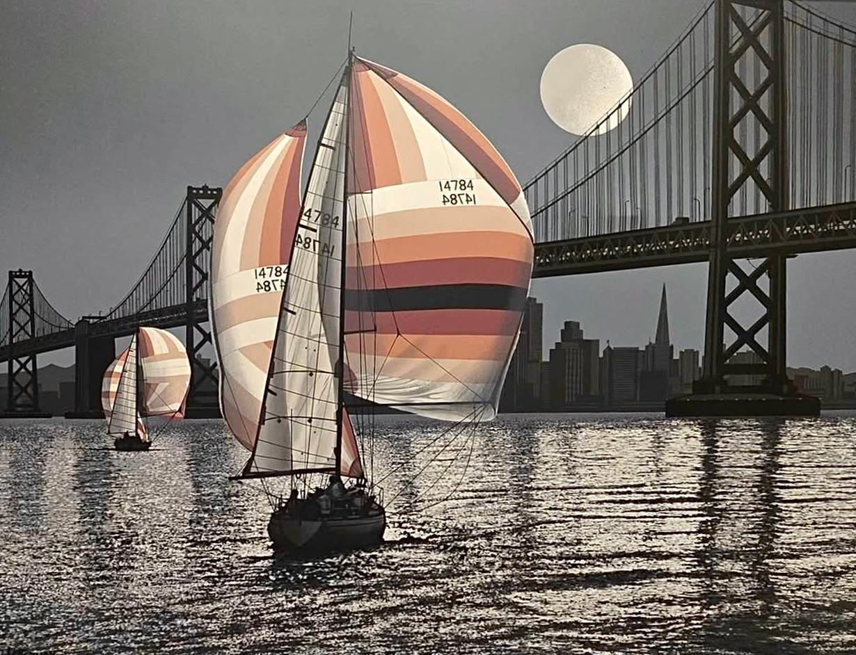 70er Jahre Monumental Seltene Letterman Segelboot Dämmerung SFO Gerahmte Realismus Nautische Malerei im Angebot 9