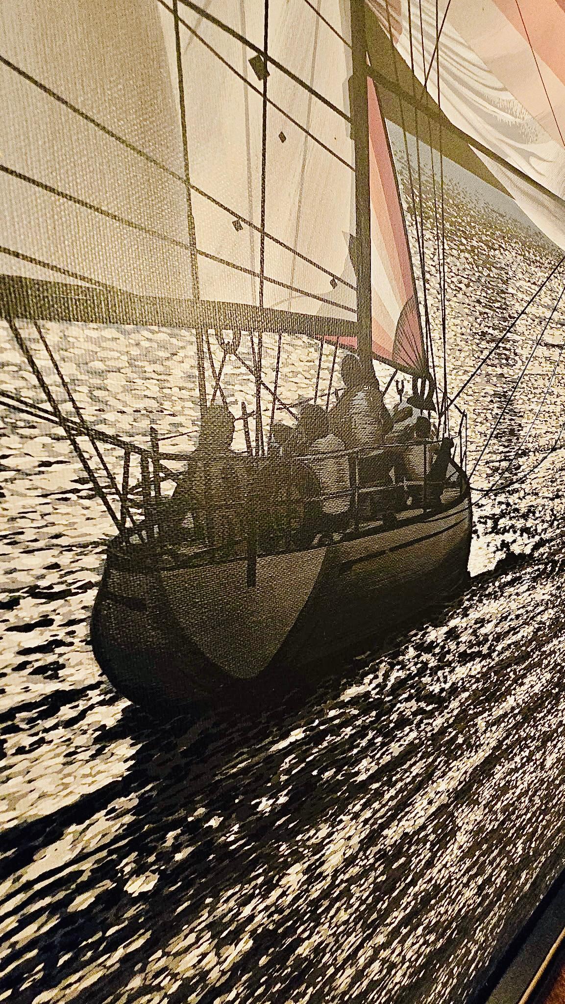 70er Jahre Monumental Seltene Letterman Segelboot Dämmerung SFO Gerahmte Realismus Nautische Malerei im Zustand „Gut“ im Angebot in St.Petersburg, FL