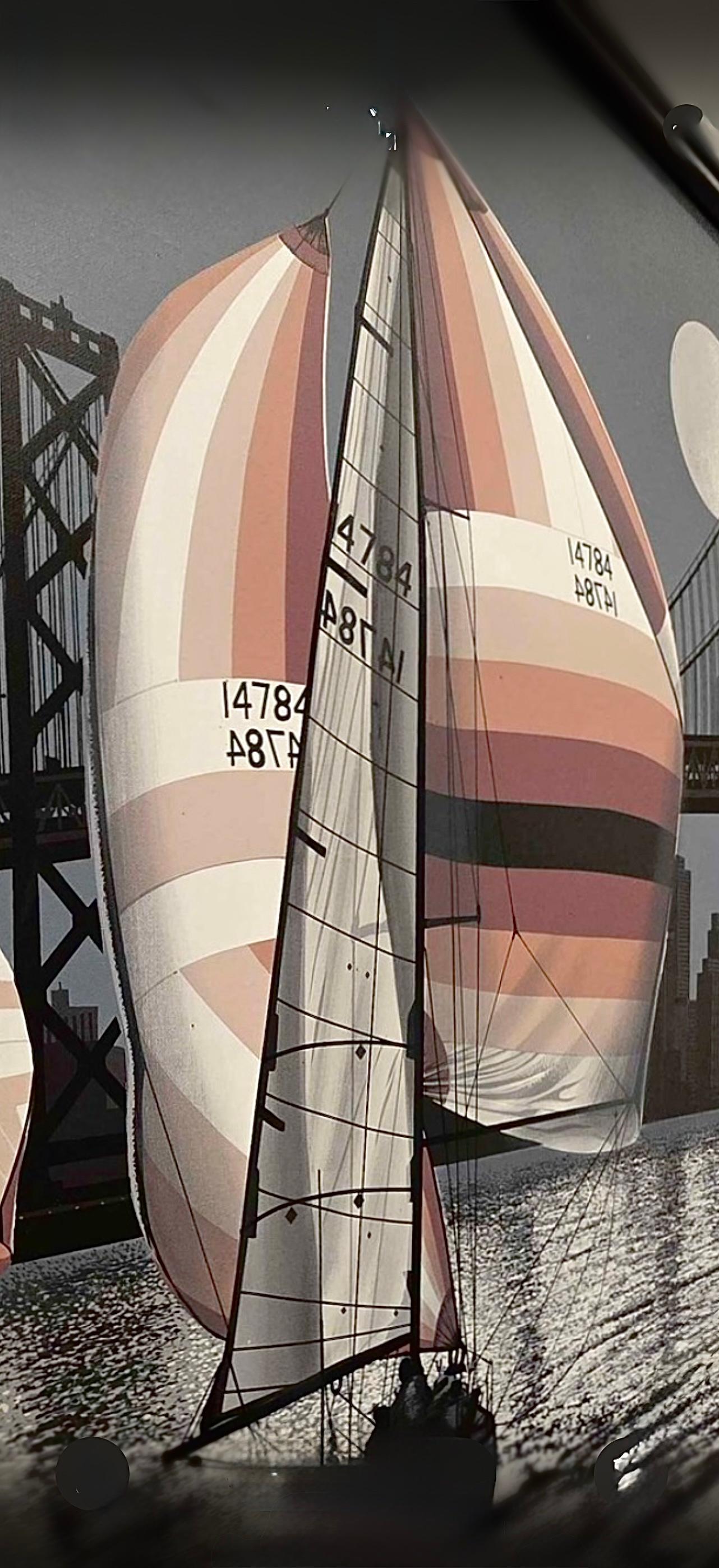 70er Jahre Monumental Seltene Letterman Segelboot Dämmerung SFO Gerahmte Realismus Nautische Malerei (Leinwand) im Angebot
