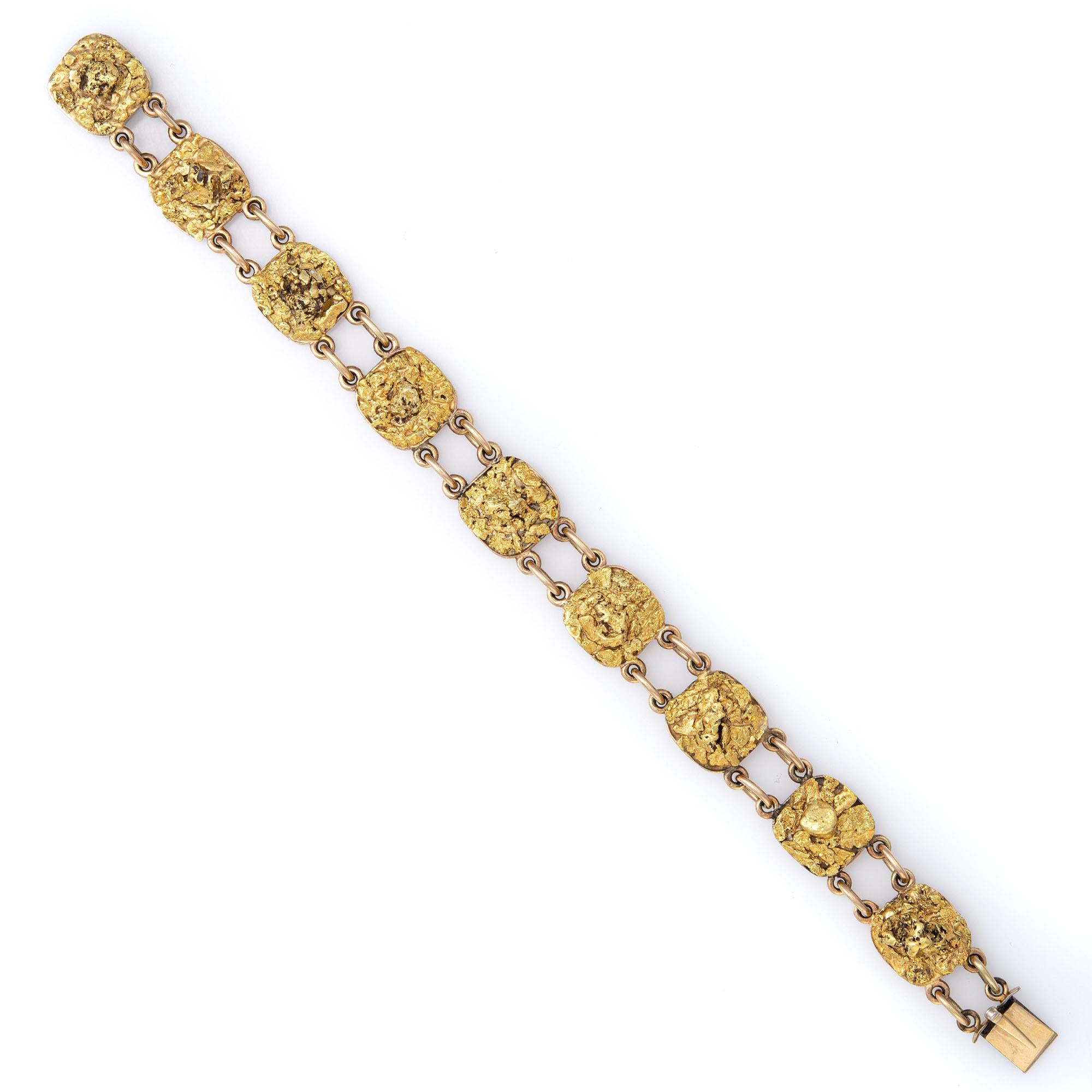 Stylish and finely detailed vintage natural gold nugget bracelet crafted in 10 karat yellow gold (the gold nuggets range from 18k to 20k). 

The classic 70s era bracelet features square panels (10k gold) with natural gold nuggets attached to the top