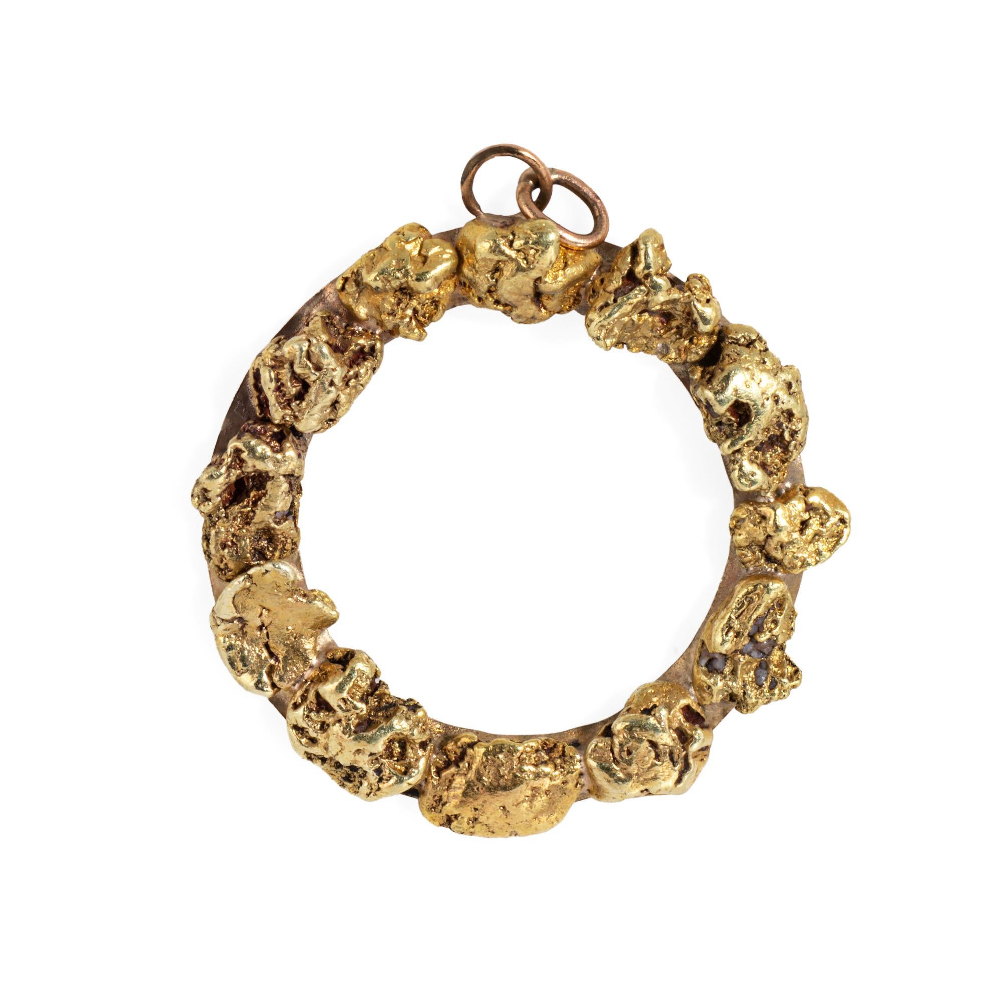 Modern 70s Natural Gold Nugget Pendant Circle 10k Yellow Gold Vintage Fine Jewelry For Sale