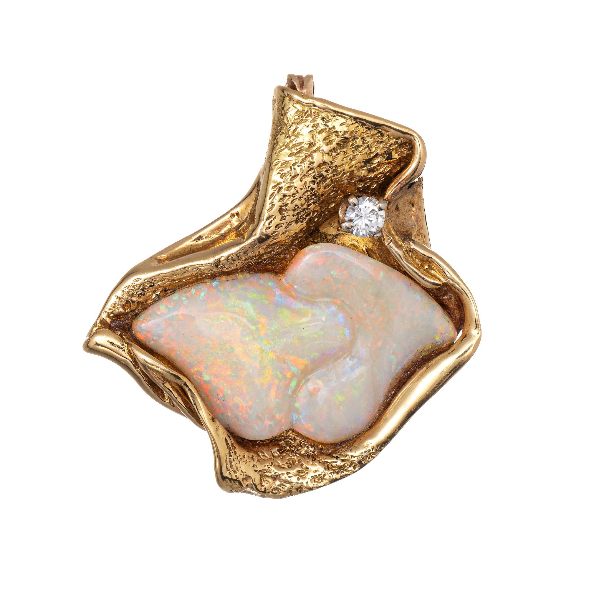 Modern 1970s Natural Opal Diamond Pendant Vintage 14 Karat Gold Freeform Abstract