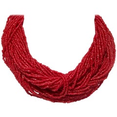 70'S Navajo Style Coral Bead & Sterling bead 30-Strand "Torsade" Long Necklace