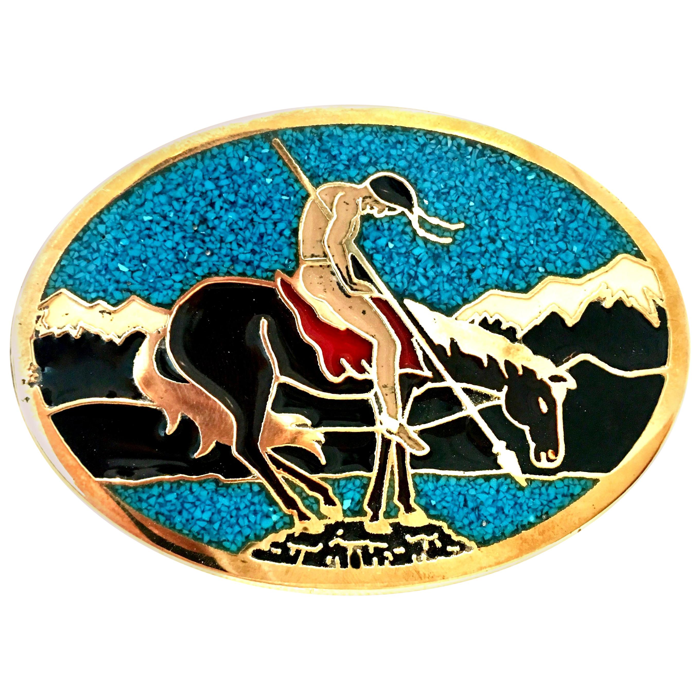 70
S Navajo Style Gilt Brass, Turquoise 
Enamel Belt Buckle