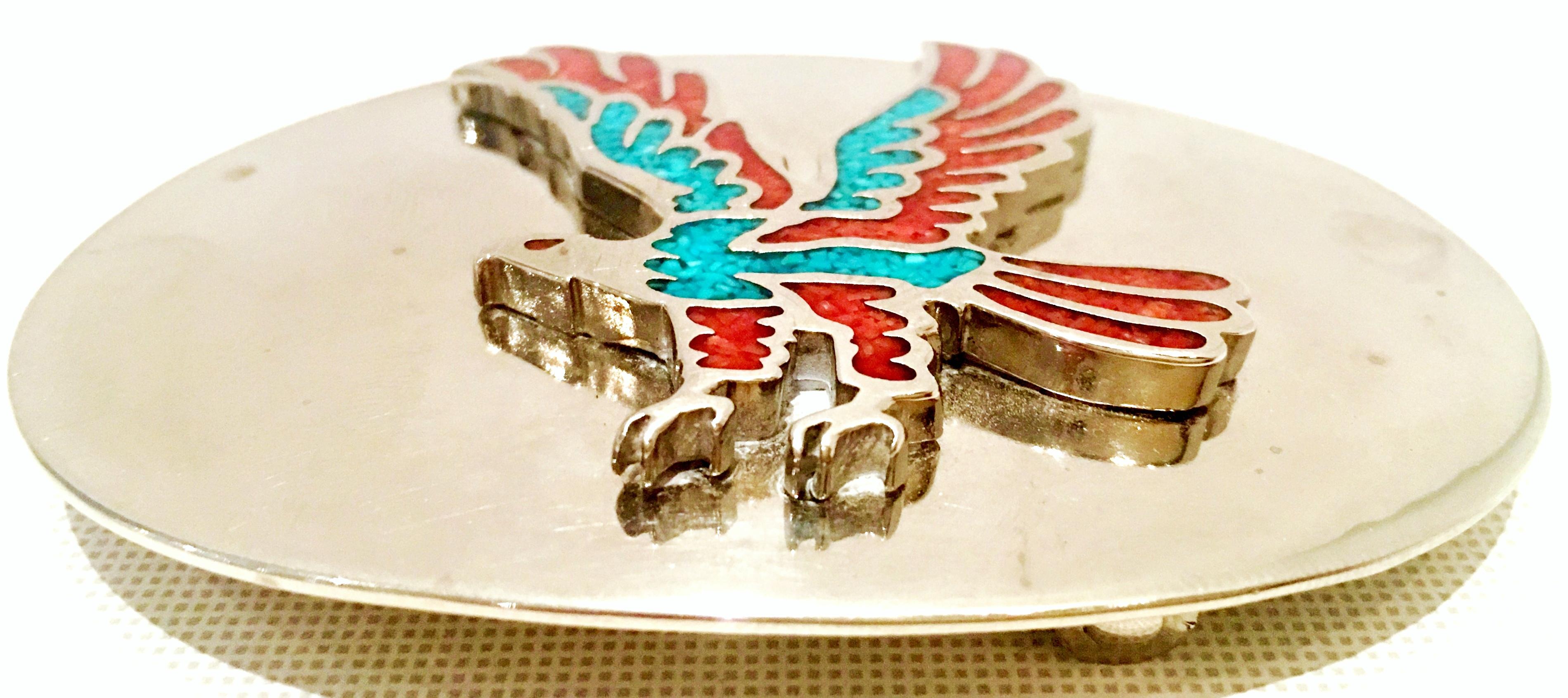 1970'S Navajo Style Nickel Silver & Authentic Turquoise & Coral Inlay 