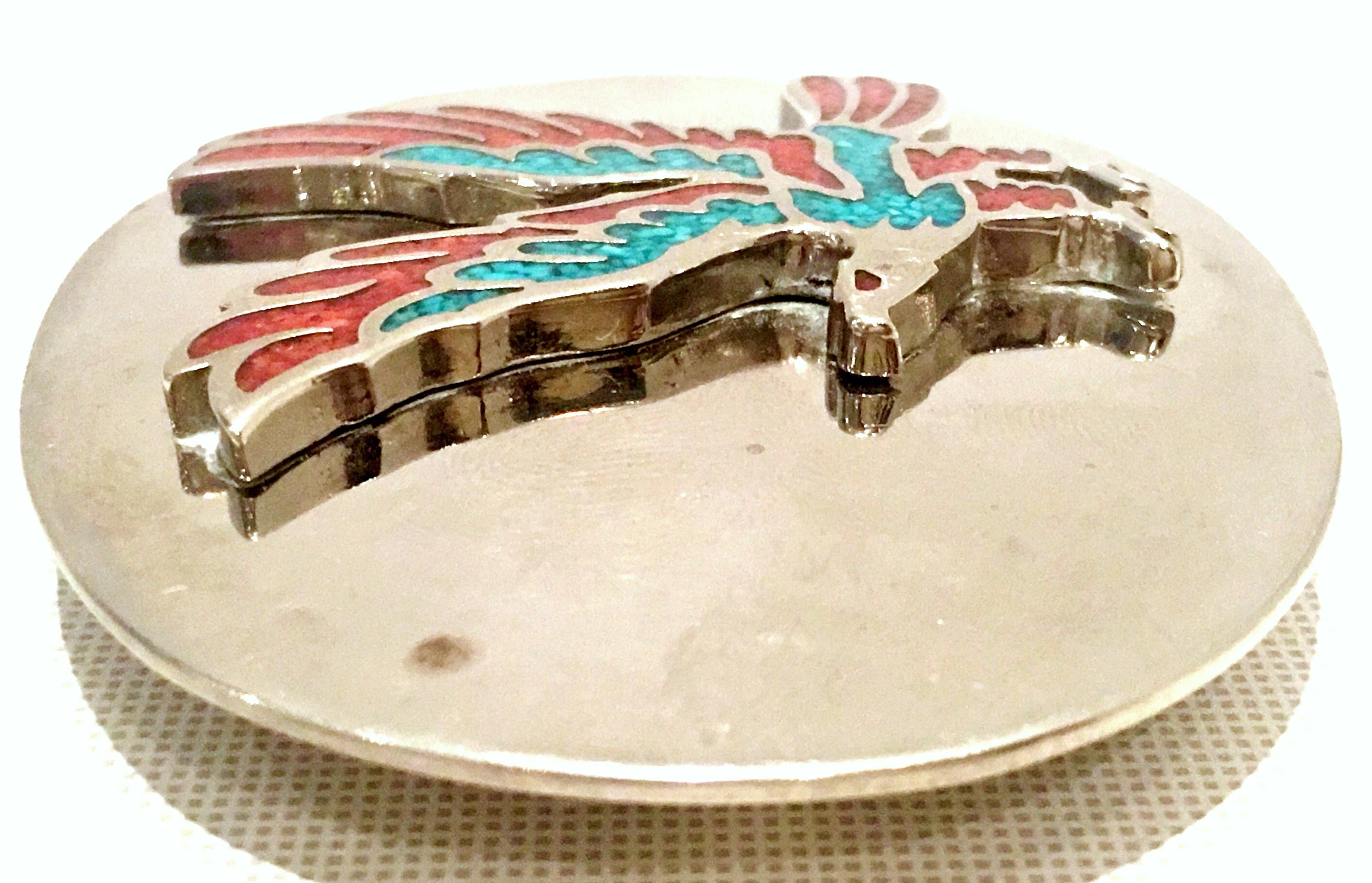 White 70'S Navajo Style Silver Turquoise & Coral Thunderbird Belt Buckle