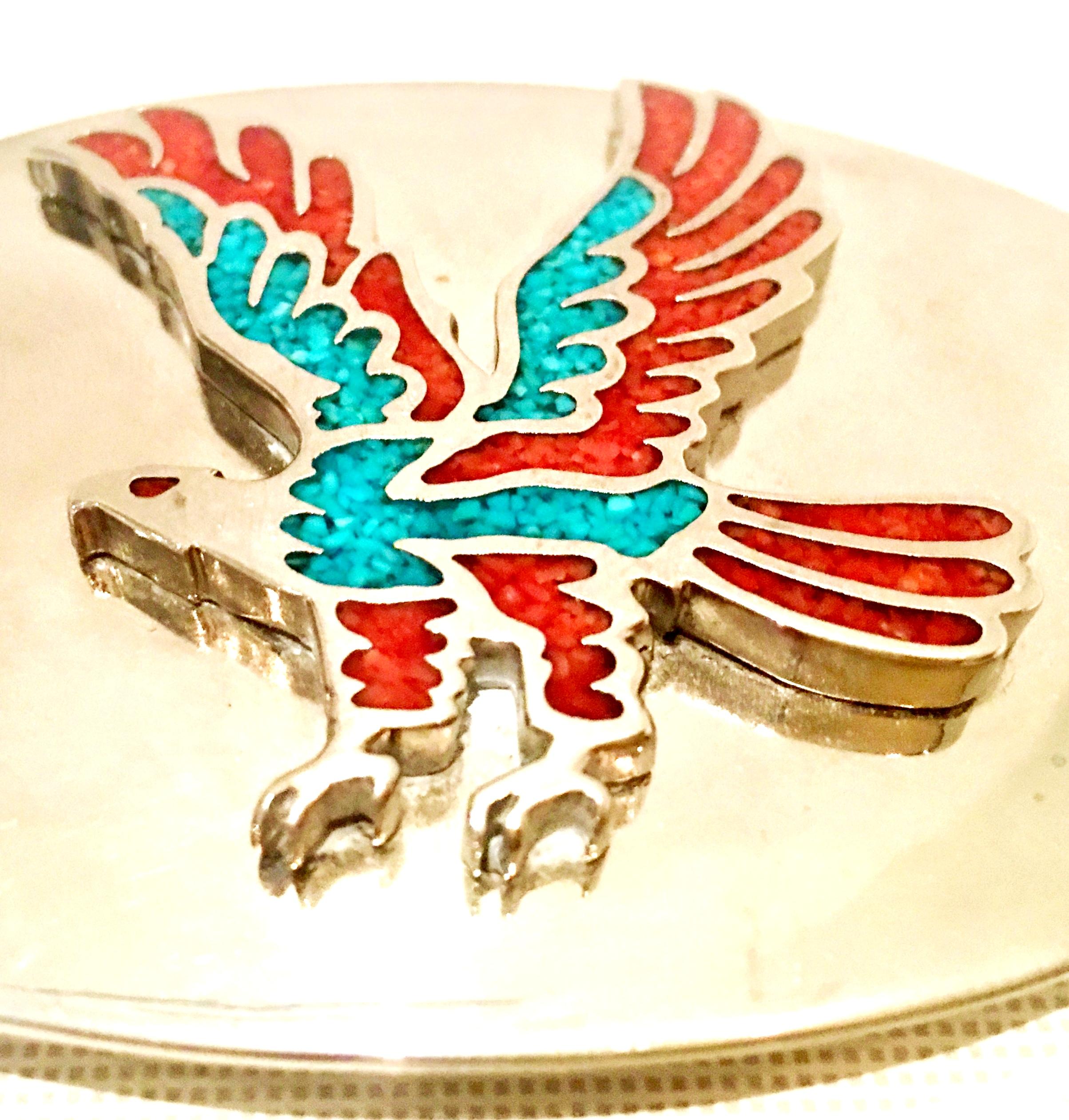 70'S Navajo Style Silver Turquoise & Coral Thunderbird Belt Buckle In Good Condition In West Palm Beach, FL