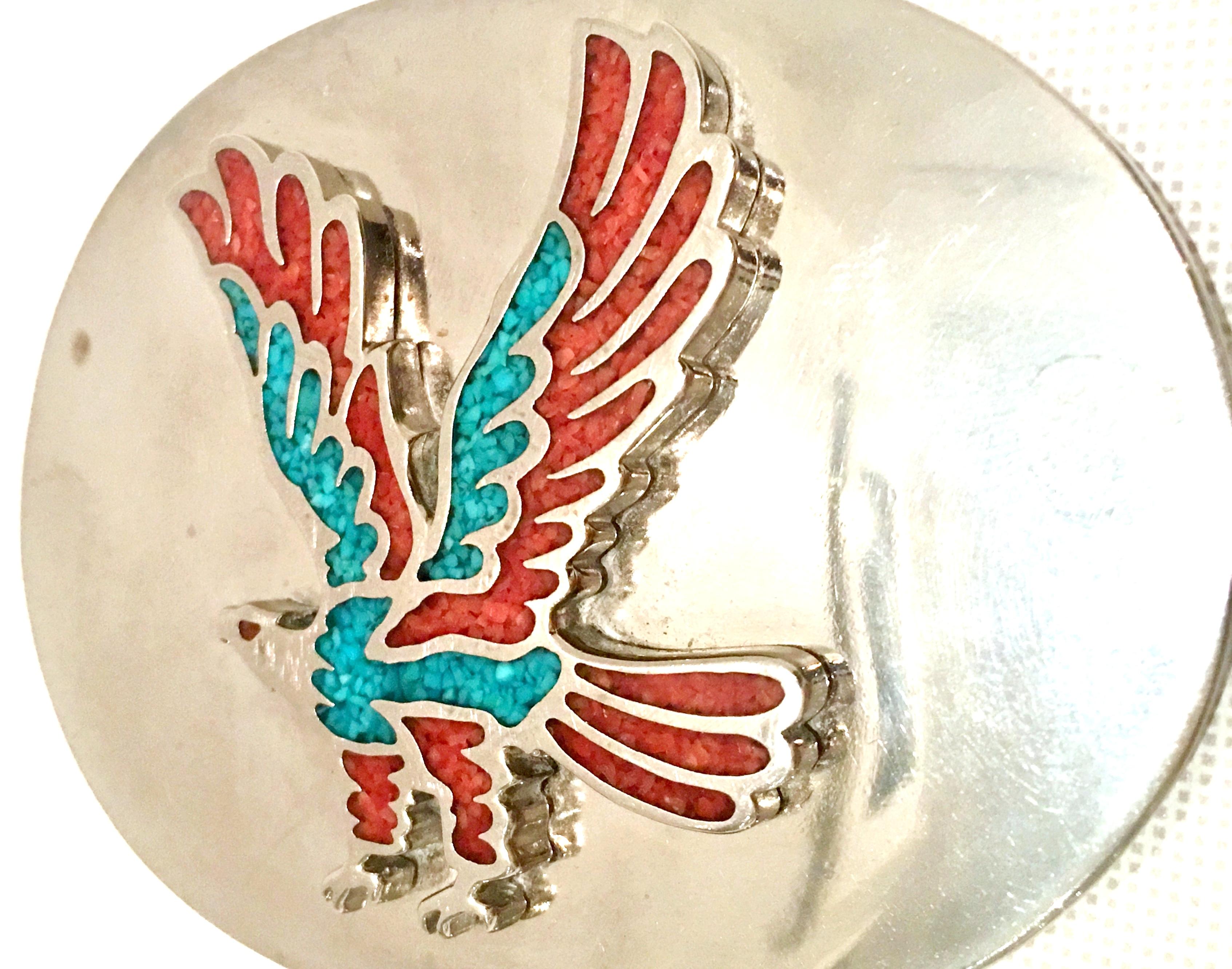 White 70'S Navajo Style Silver Turquoise & Coral Thunderbird Belt Buckle For Sale