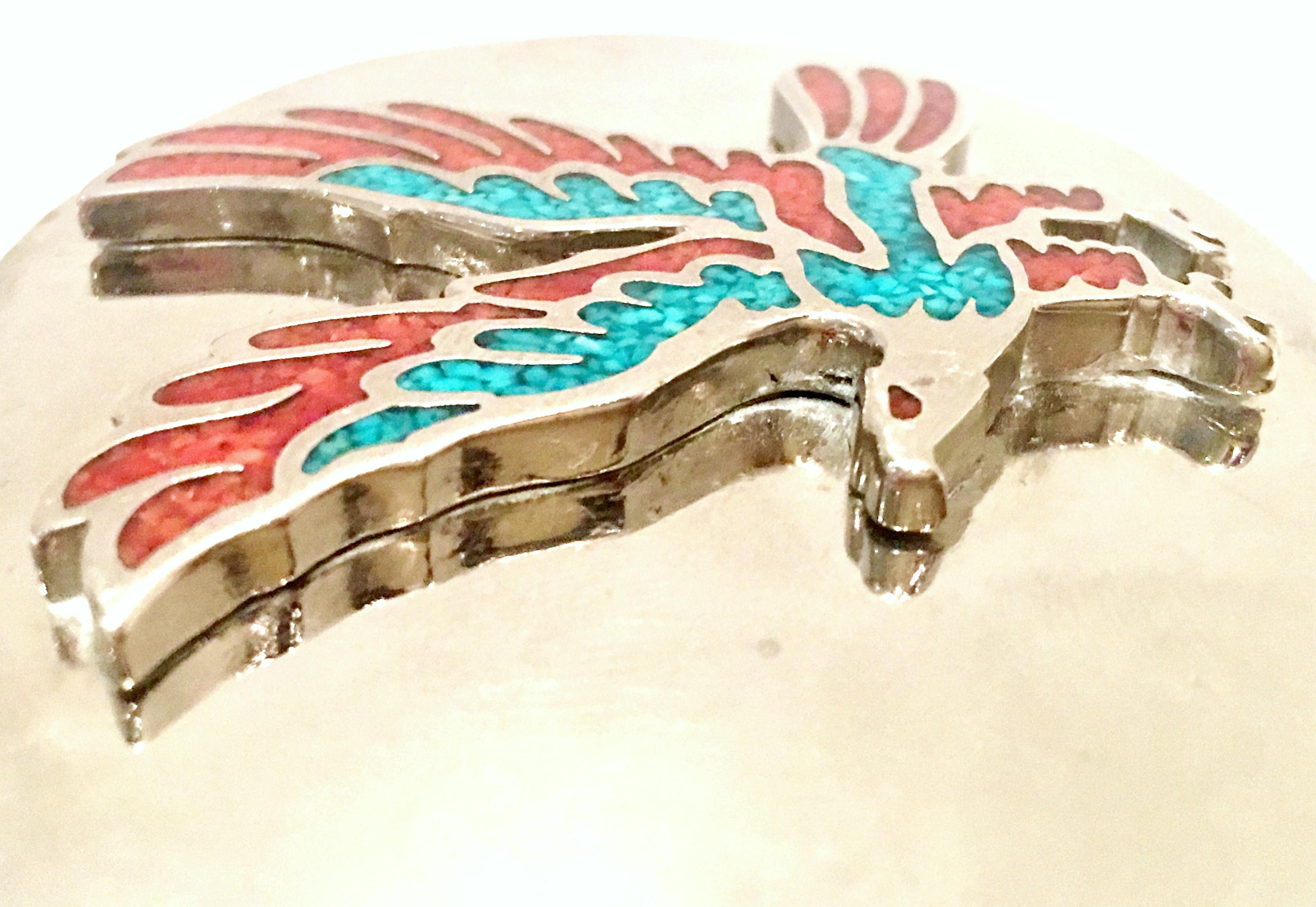70'S Navajo Style Silver Turquoise & Coral Thunderbird Belt Buckle 2